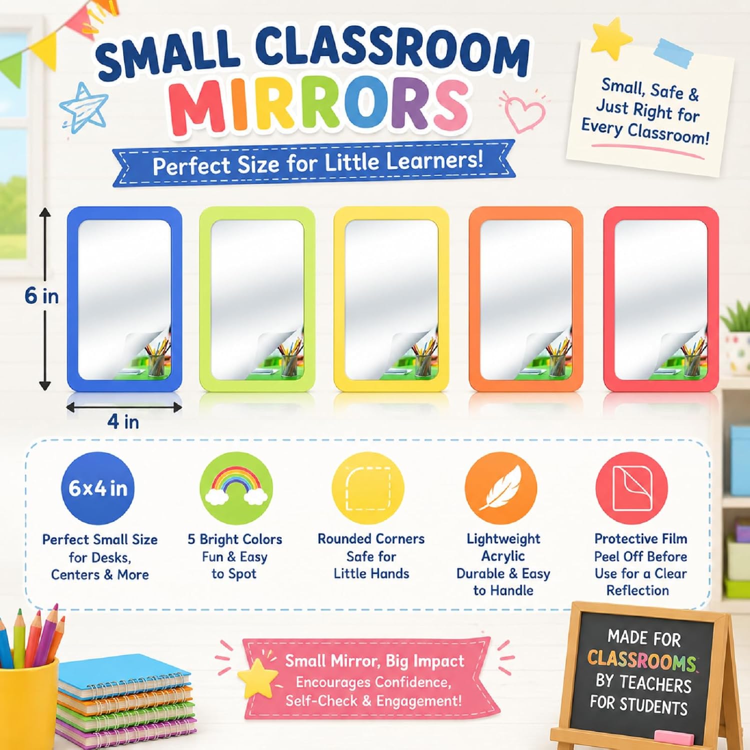 Dandat 10 Pcs Unbreakable Shatter Proof Mirror for Kids 6 x 4 Inches Small Pastel Unbroken Lock Mirrors Bulk for School DIY Crafts Nursery Montessori Daycare Classroom Speech Therapy (Warm Colors)