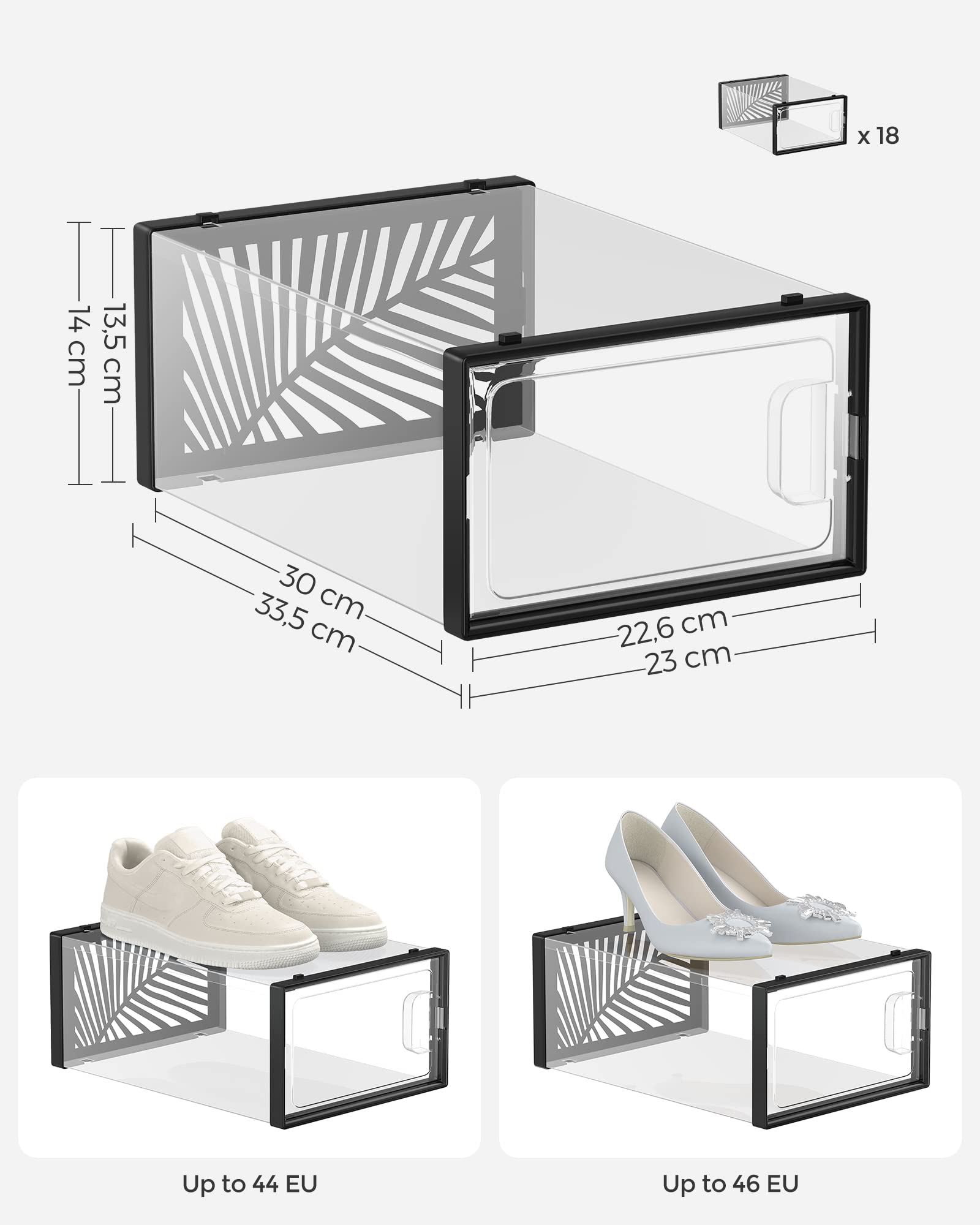 SONGMICS Cajas para Zapatos Transparentes, 18 Cajas de Zapatos, Robusta, Organizadores Plegables, Talla 44, Apilables, para Exponer Zapatillas, Tacones Altos, Transparente y Negro LSP106B18