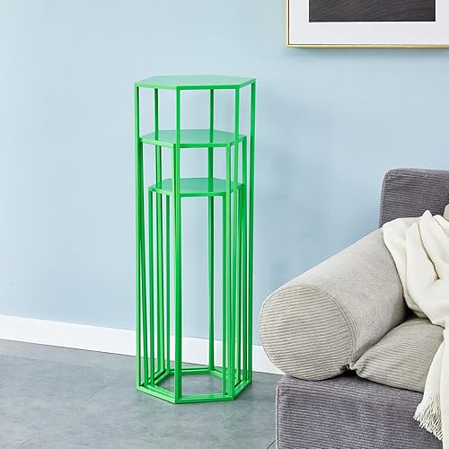 Miniatura 4 de OOTDxvv Juego de 3 soportes de metal para plantas con pedestal mesa auxiliar de exhibición anidada soporte cuadrado alto estante para macetas de