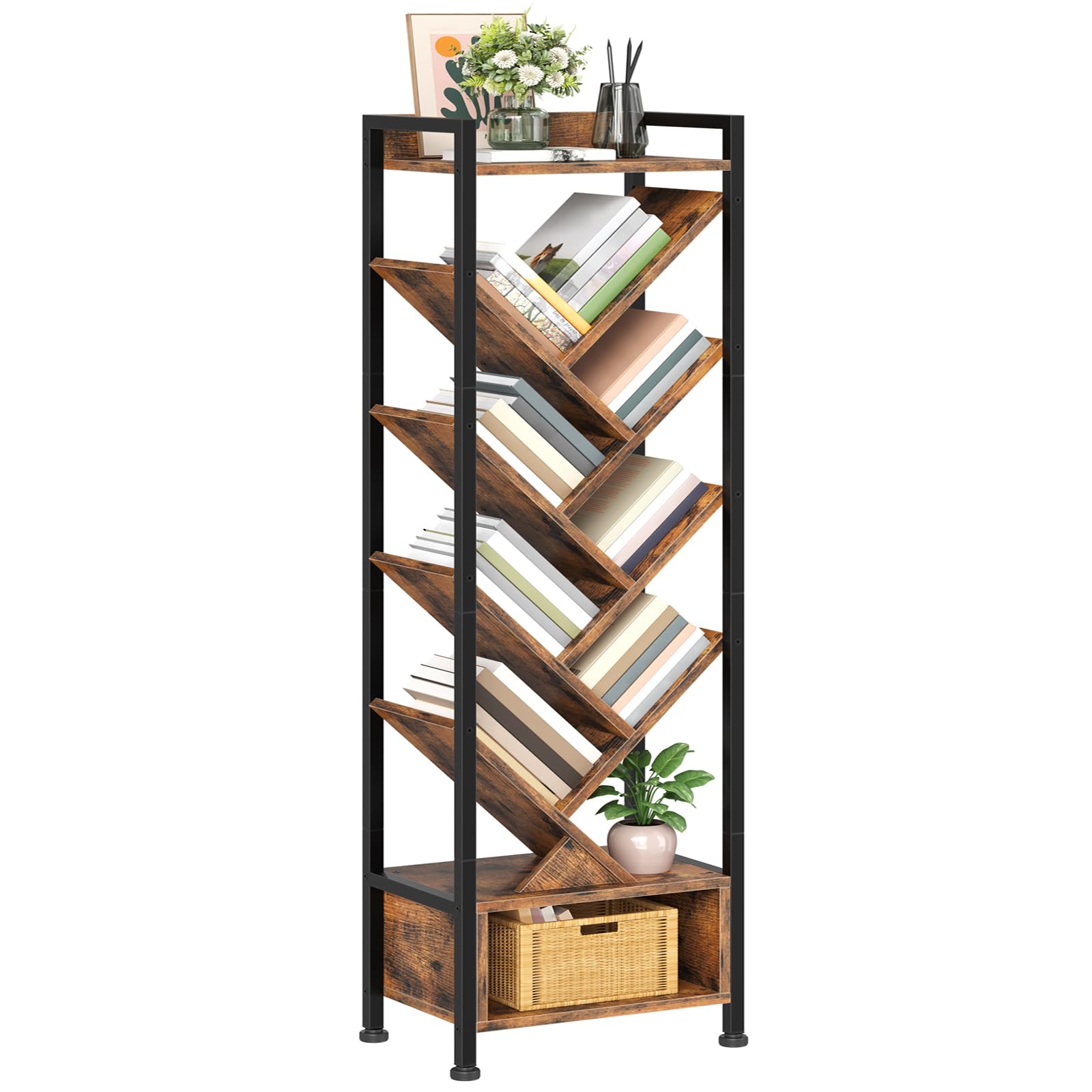 HOOBRO Bücherregal Baumform, Standregal für Bücher, 38 x 25 x 130,5 cm | Eckregal Mit 7 Ablagen, Regal für Bücher, CDs, DVDs, Retro-Stil, für Wohnzimmer, Schlafzimmer, Arbeitszimmer, Home-Office