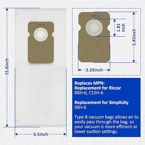 Miniatura 5 de MaxLLTo Paquete de 6 bolsas de vacío de repuesto RBH-6 C15H-6 tipo B para Riccar 8625 8650 8850 8750 8900 8920 8925 8955 para Simplicity SBH-6