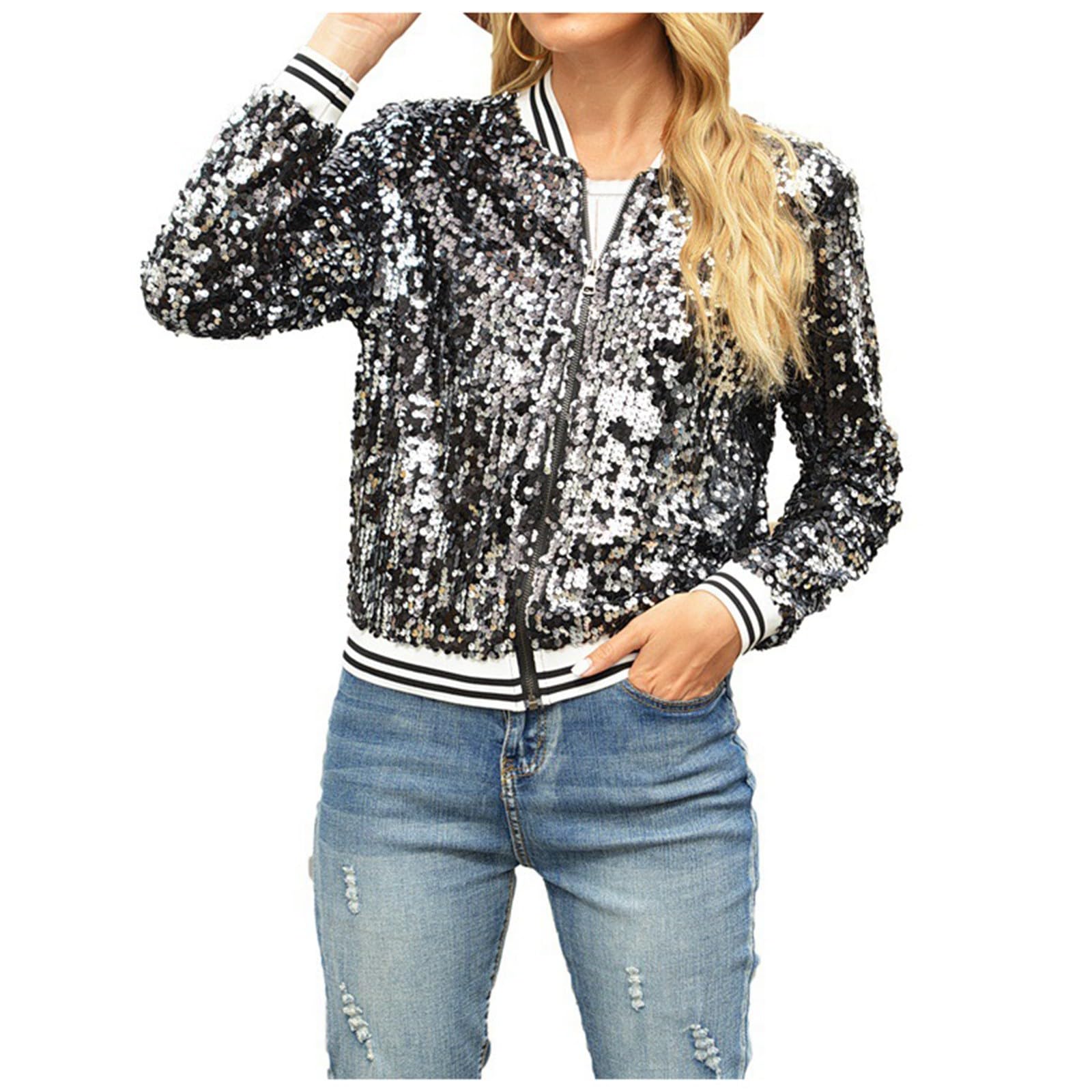 Generisch Chaqueta de punto de manga larga para mujer, otoño, invierno, lentejuelas, béisbol, 1