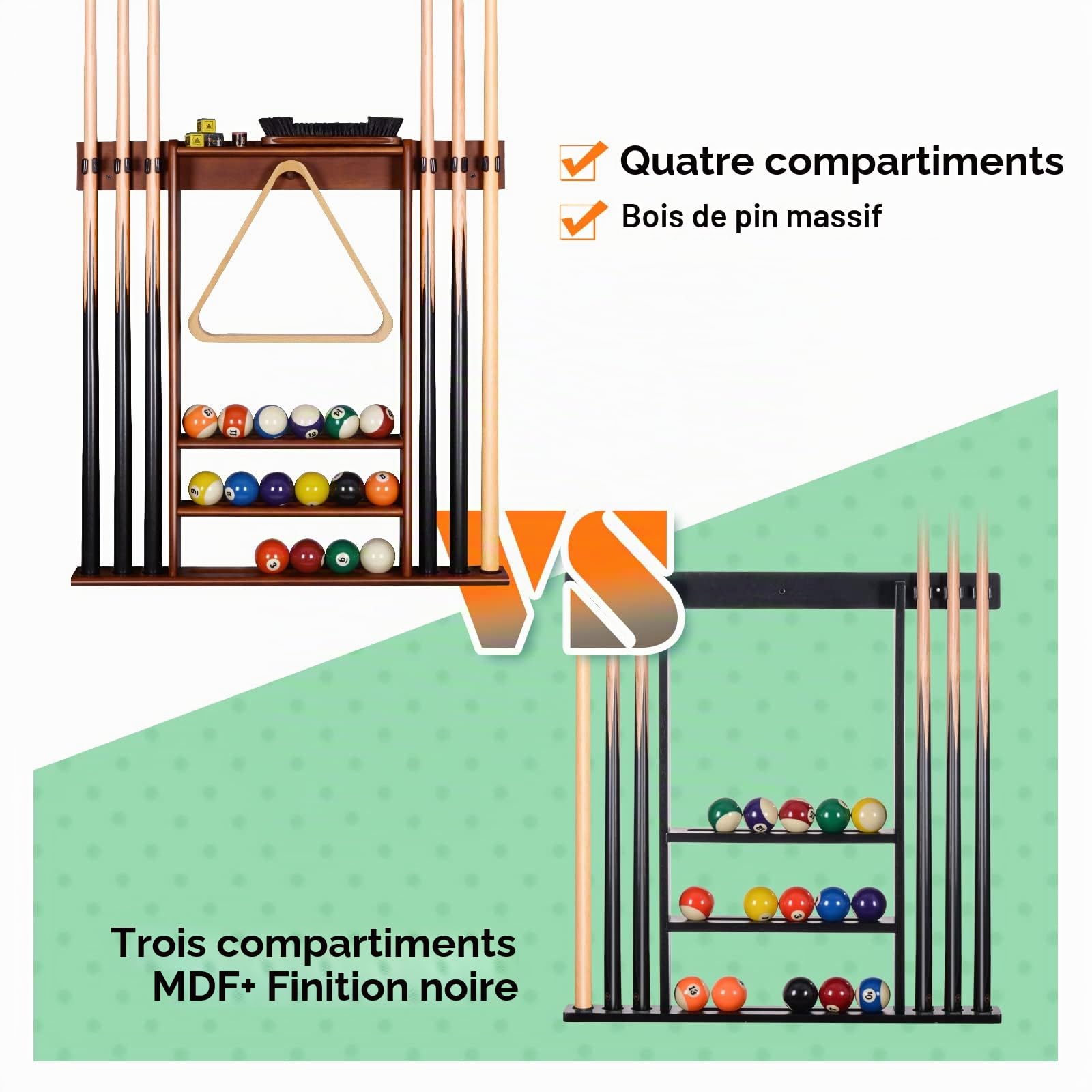 Support de Queue de Billard Mural Bois Massif 6 Trous 15 Porte-balles