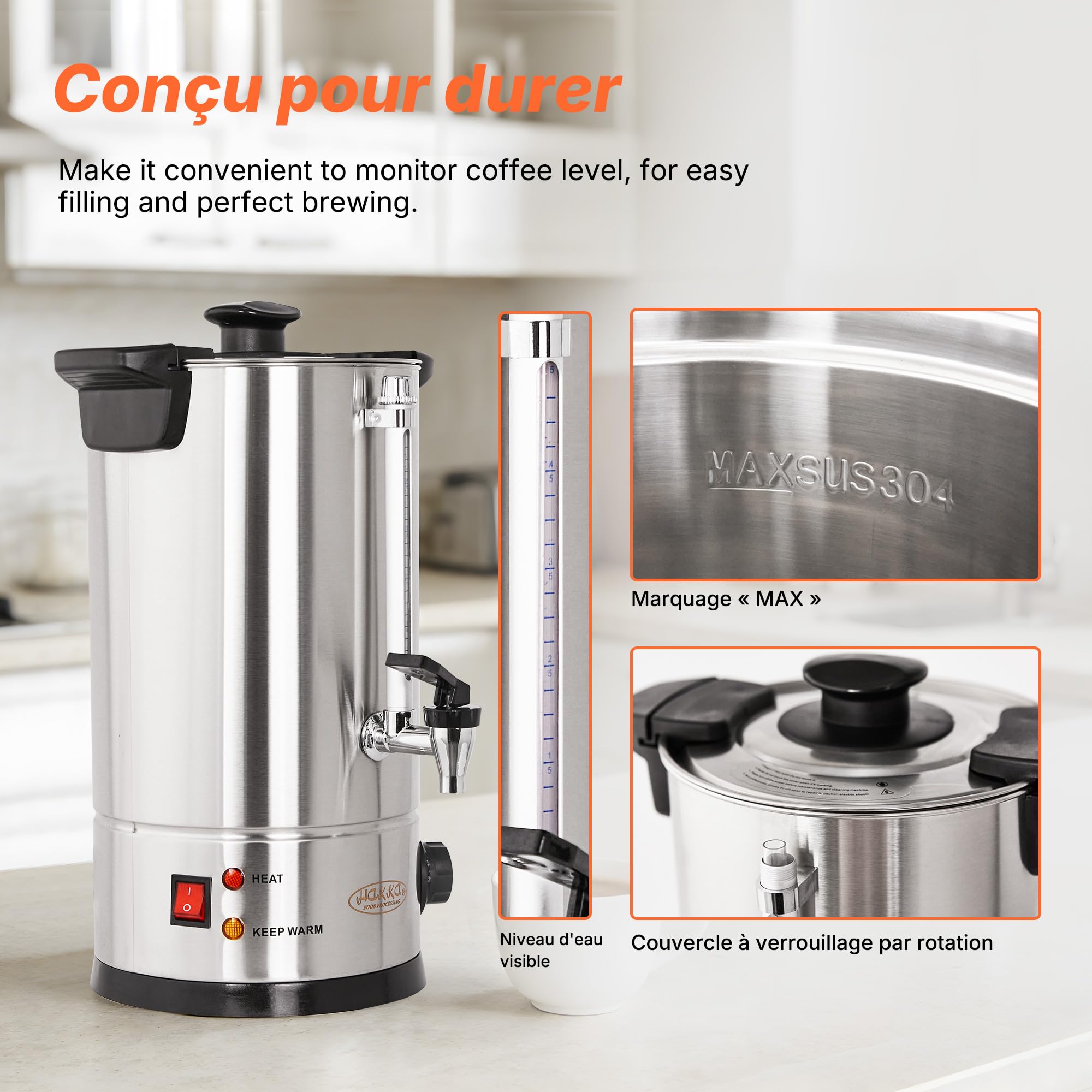 Hakka Percolateur à Café 7L/50 Tasses, Professionnelle Percolateur en Acier Inoxydable, Grand Distributeur de Café, Commercial Percolateurs électrique avec Indicateur de Niveau D'eau (Max: 5,7L)