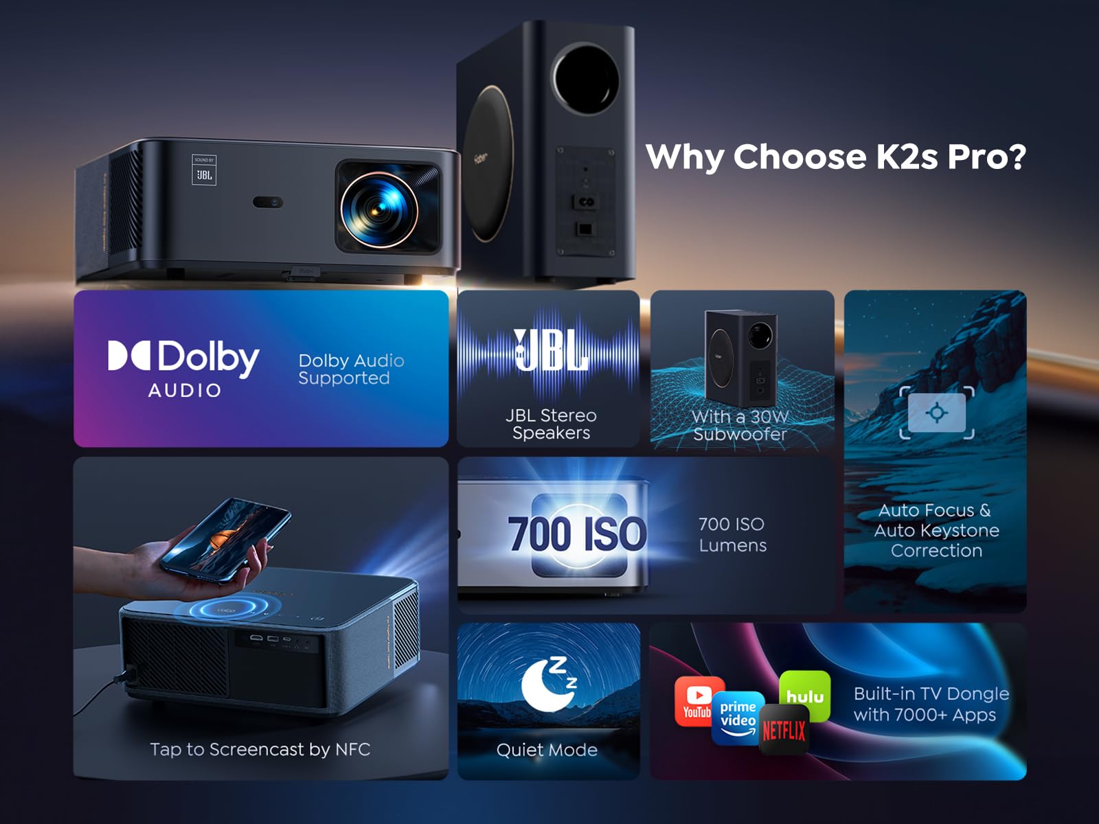 Projetor YABER K2s Pro 4K WiFi 6 com Google TV, som JBL, Dolby