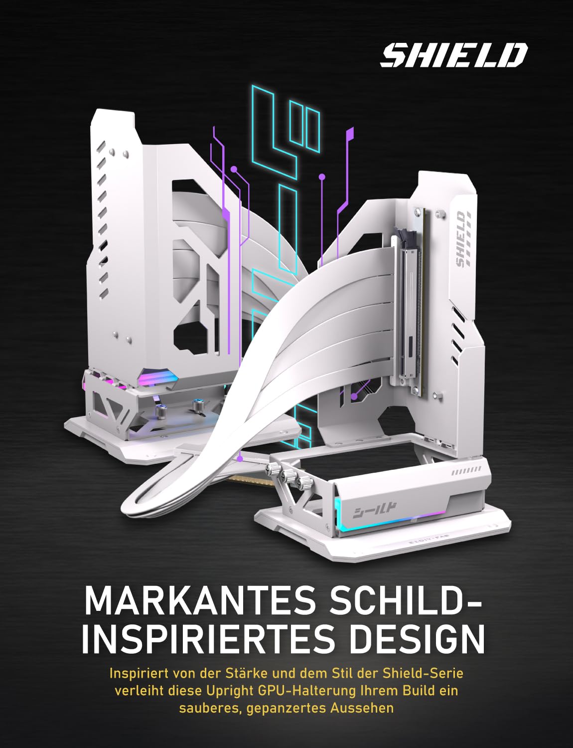 EZDIY-FAB Shield ARGB Aufrechte GPU-Halterung mit PCIe 5.0 Riser–Vertikalhalterung für RTX 50 Serie, 20 Grad verstellbarer Winkel, Magnetisch & Lüfterschlitz Installation, 5V ARGB-Sync – Weiß 600mm