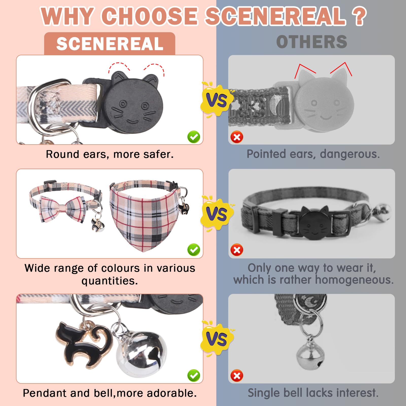 SCENEREAL Lot de 2 colliers pour chat avec clochettes, bandana amovible et réglable avec nœud papillon pour animaux de compagnie, petits chiens, garçons et filles, motif écossais beige