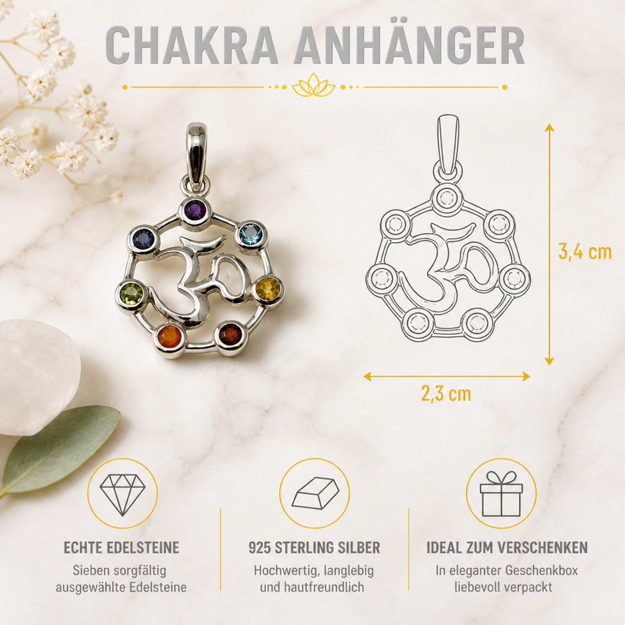 I-be, Chakra Anhänger 7 echte Edelsteine, 925 Silber, Länge: 3,4 cm im Geschenketui, 20 Chakra OM