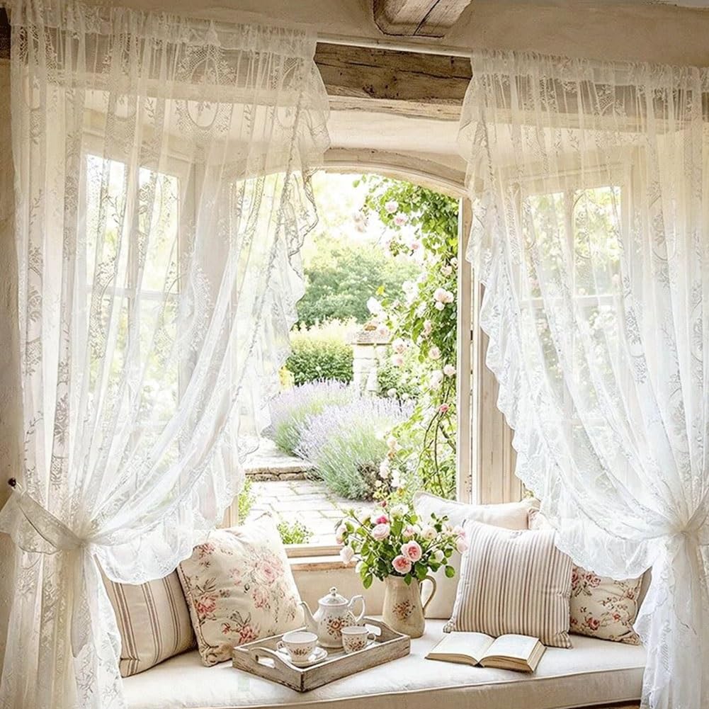 Set de 2 Rideaux en Dentelle Blanc de 100 cm de Long, Broderie Florale Rococo Française Rideaux en Voile de Fenêtre avec Volants pour Salon(W150xH260cm/59x102inch)