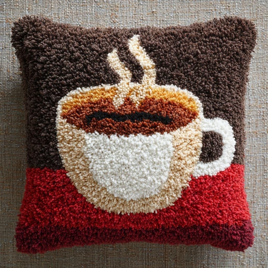 WallustrioaW Latch Hook Pillowcase Kits 17x17in,Cartoon Coffee Cup