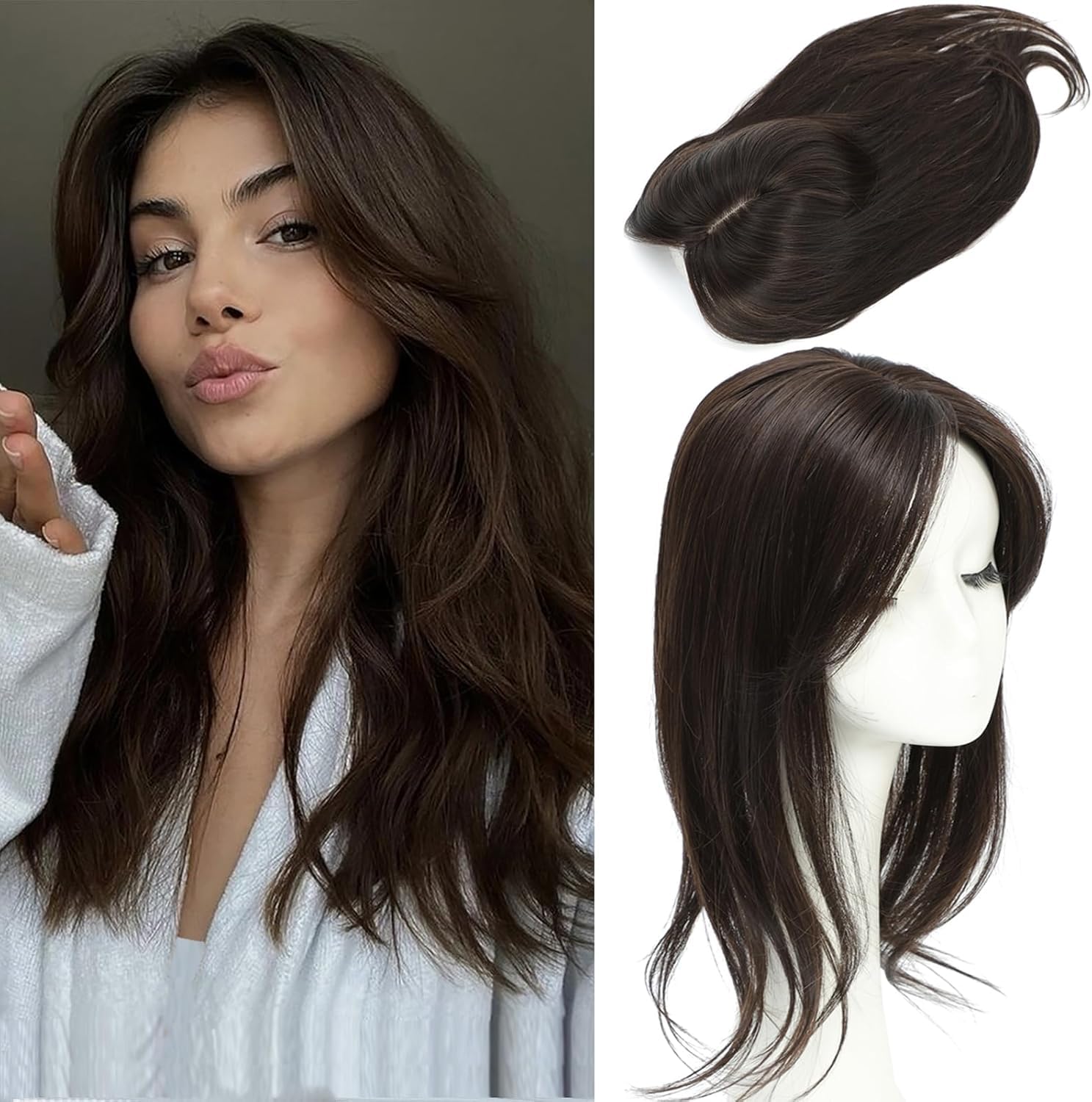 Hair Topper for Women 14inch Hairtoppers for Thinninghair Chocolate Brown Hairextensions Clip in Fringe 5x5.5inch Hair Pieces for Women with Thinning Hair