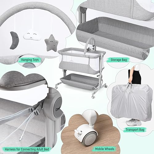Miniatura 4 de Cowiewie - Cuna para bebé junto a la cama con cesta de almacenamiento, ruedas, cuna portátil plegable fácil con ruedas, altura ajustable, cunas