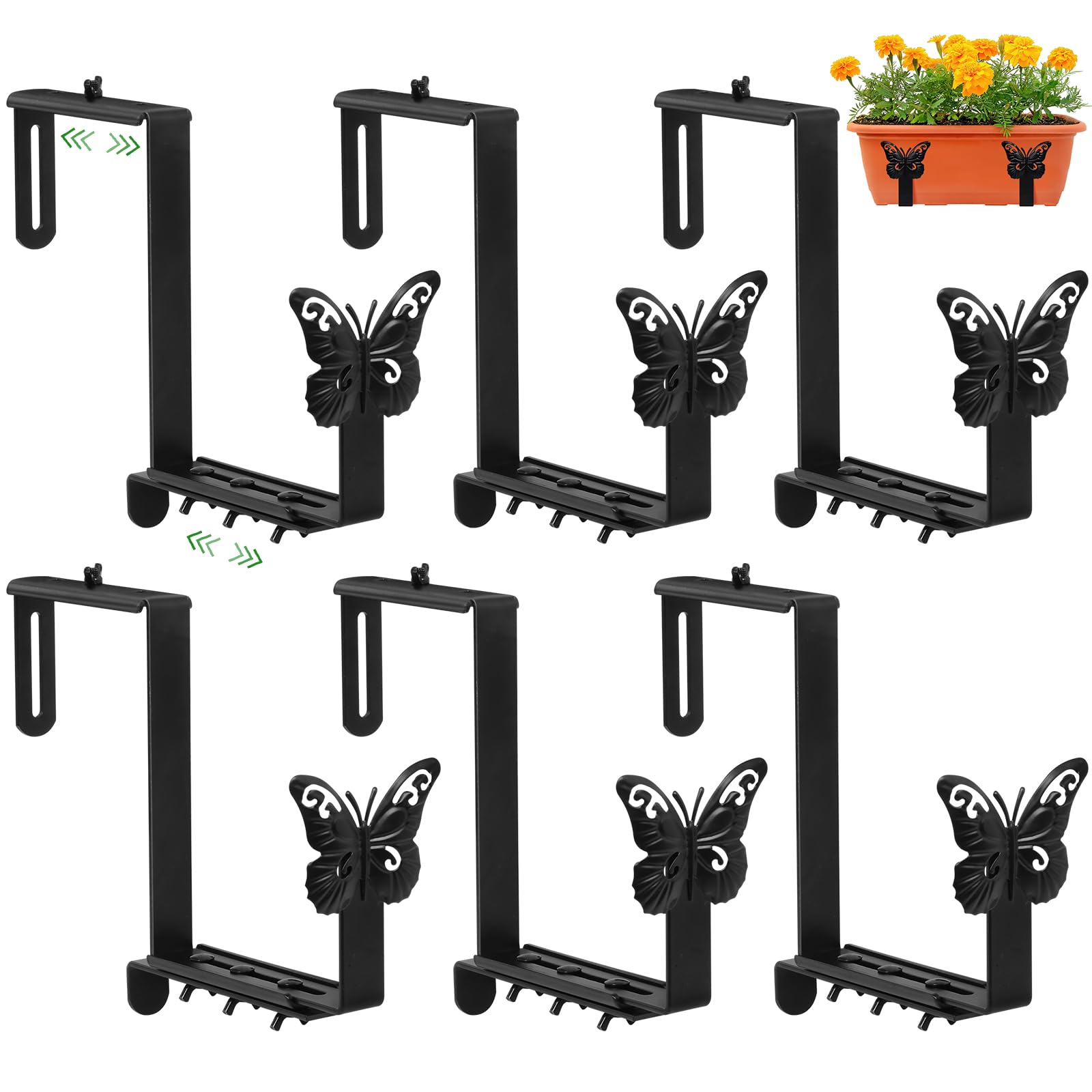 Photo 1 of Planter Box Brackets, Adjustable Window Boxes Planters Brackets with Butterfly, Hanging Flower Box Stand Hooks for Deck Railing Pergola Balcony Garden - 6 Pack