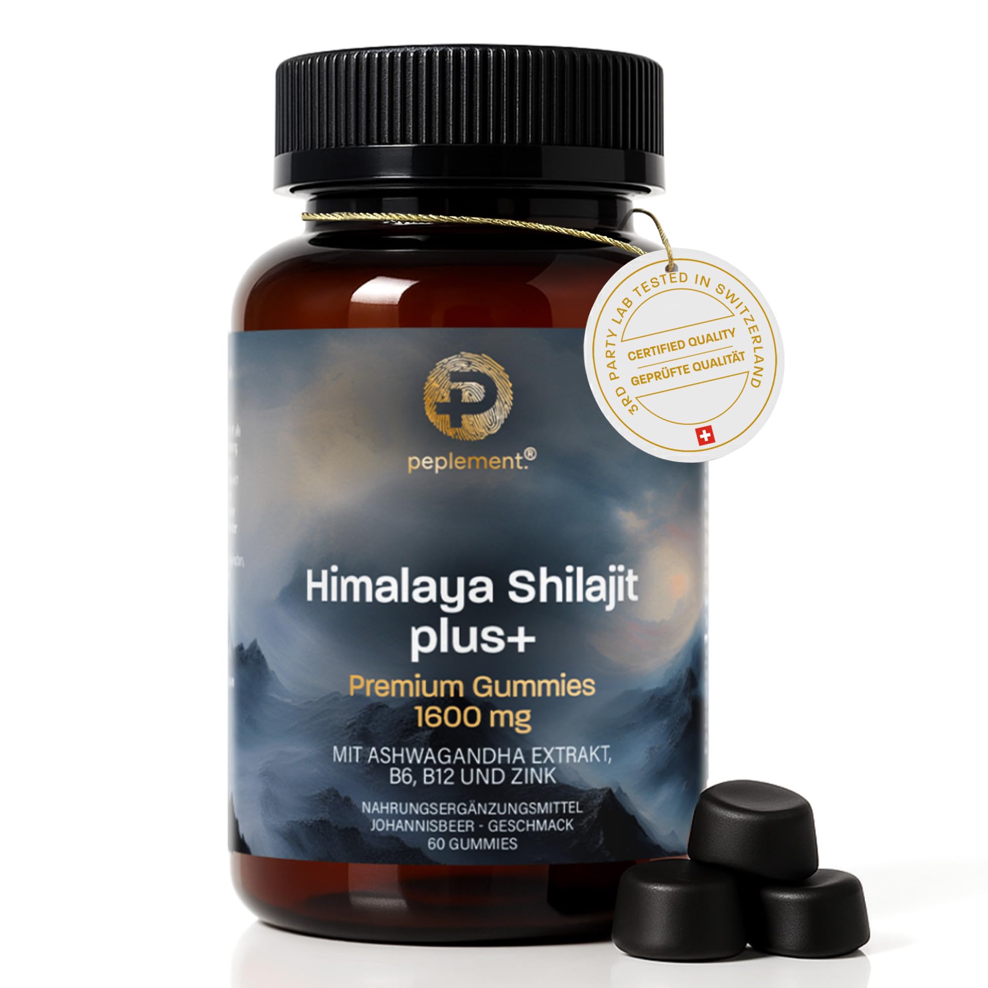 Himalaya Shilajit Plus+ Premium Gummies — 1600 mg | 60 Stück (Mumijo) Shilajit Gummi mit natürlicher Huminsäure, Fulvinsäure und Mineralstoffen, mit Ashwagandha Extrakt, B6, B12 und Zink