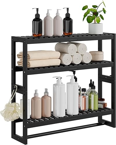 Miniatura 1 de RRX Organizador de almacenamiento de estante de baño, estante de baño, organizador de bambú de 3 niveles ajustable con barra, colgante, estante