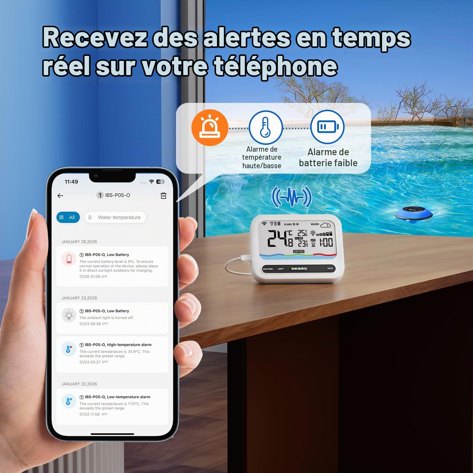 Inkbird Thermomètre Piscine WiFi Solaire, Étanche IP68, Lumières Multicolores, 3 Modes Auto-On, Moniteur Multifonctionnel, Contrôle App