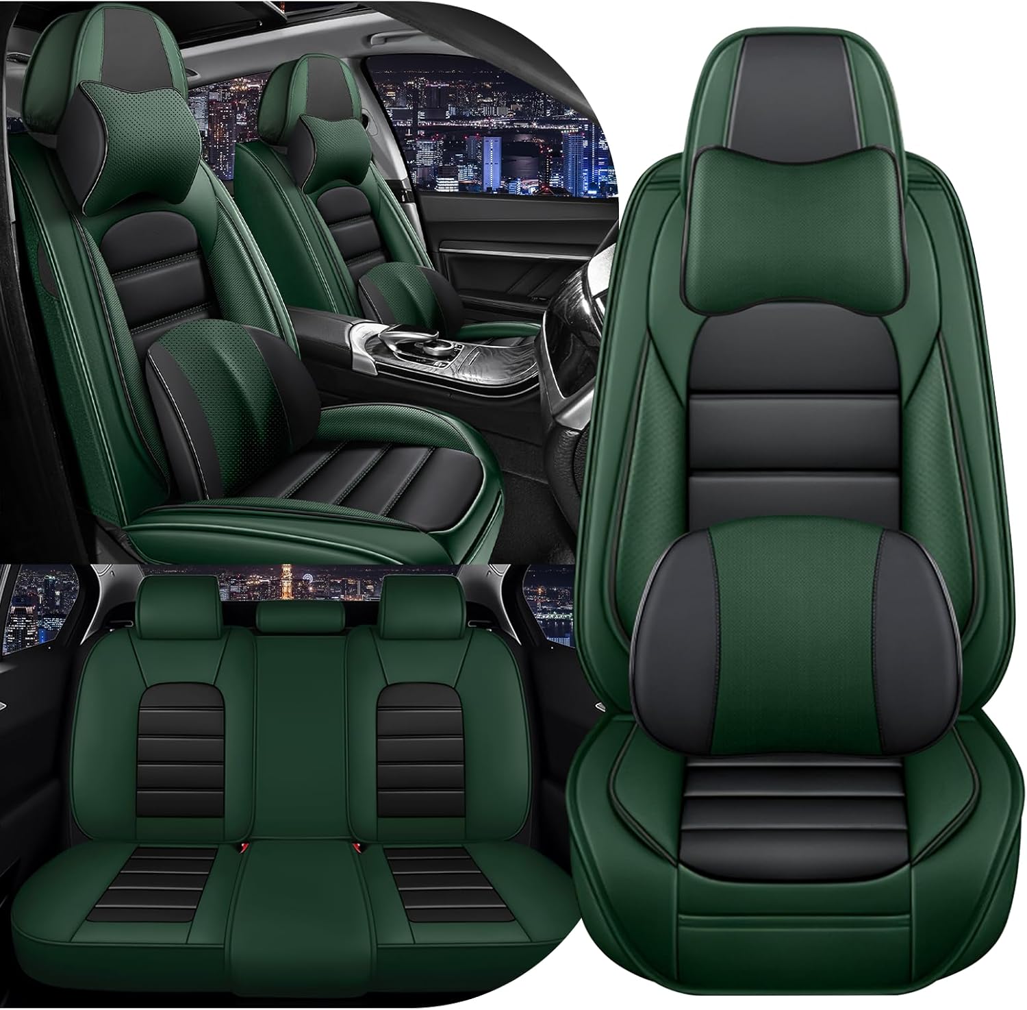 Leather Seat Covers for Chrysler Pacifica 2002-2025 with Headrests, 360° Customized Seat Protectors Compatible with Airbags,All Season Non-Slip Car Seat Cushion (Black & Green/Luxury Style)