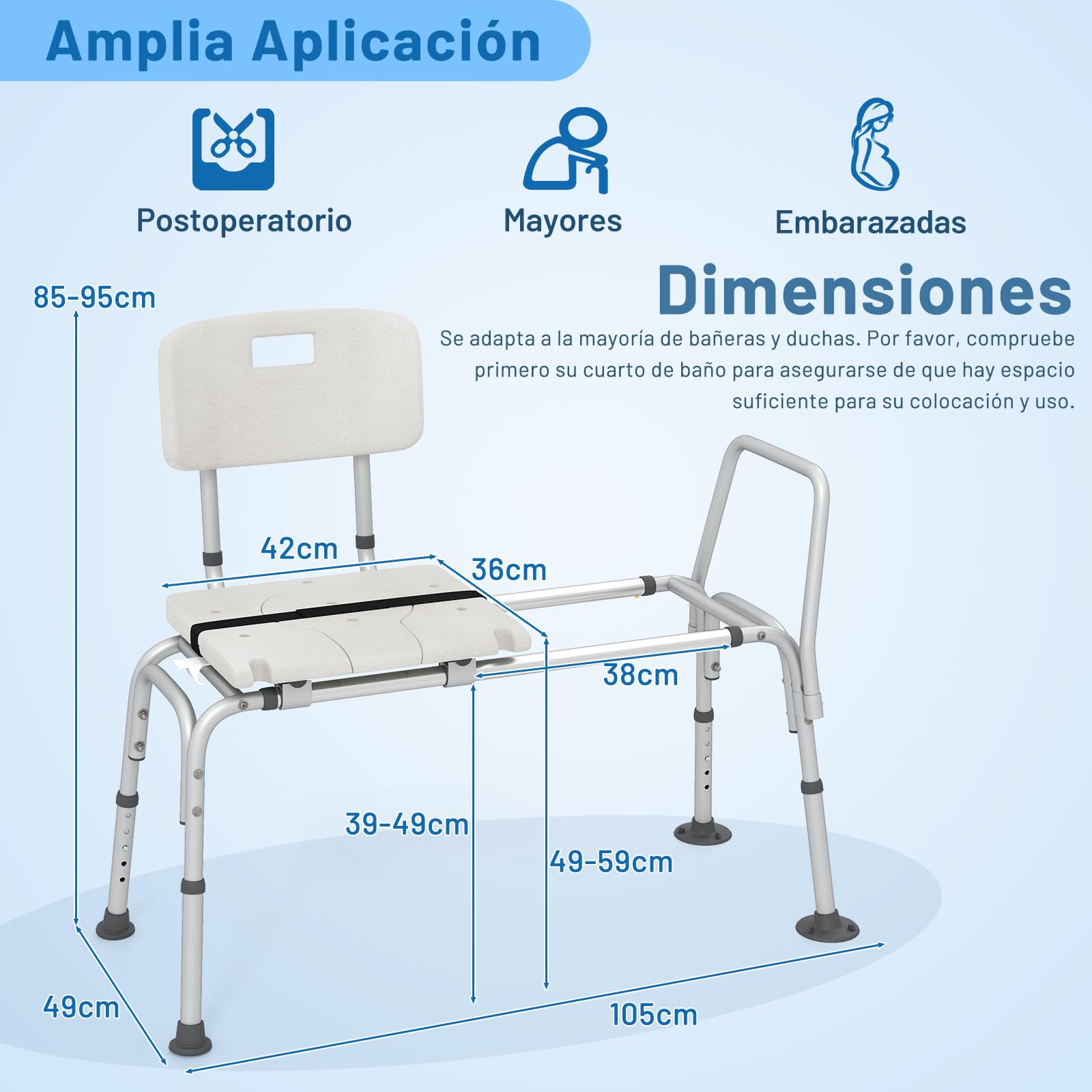 COSTWAY Banco de Baño Extraíble, Silla Ducha con Respaldo Ajustable en Altura con Asiento, Reposabrazos y Cinturón de Seguridad, Banco para Bañera Antideslizante para Ancianos y Discapacidadas