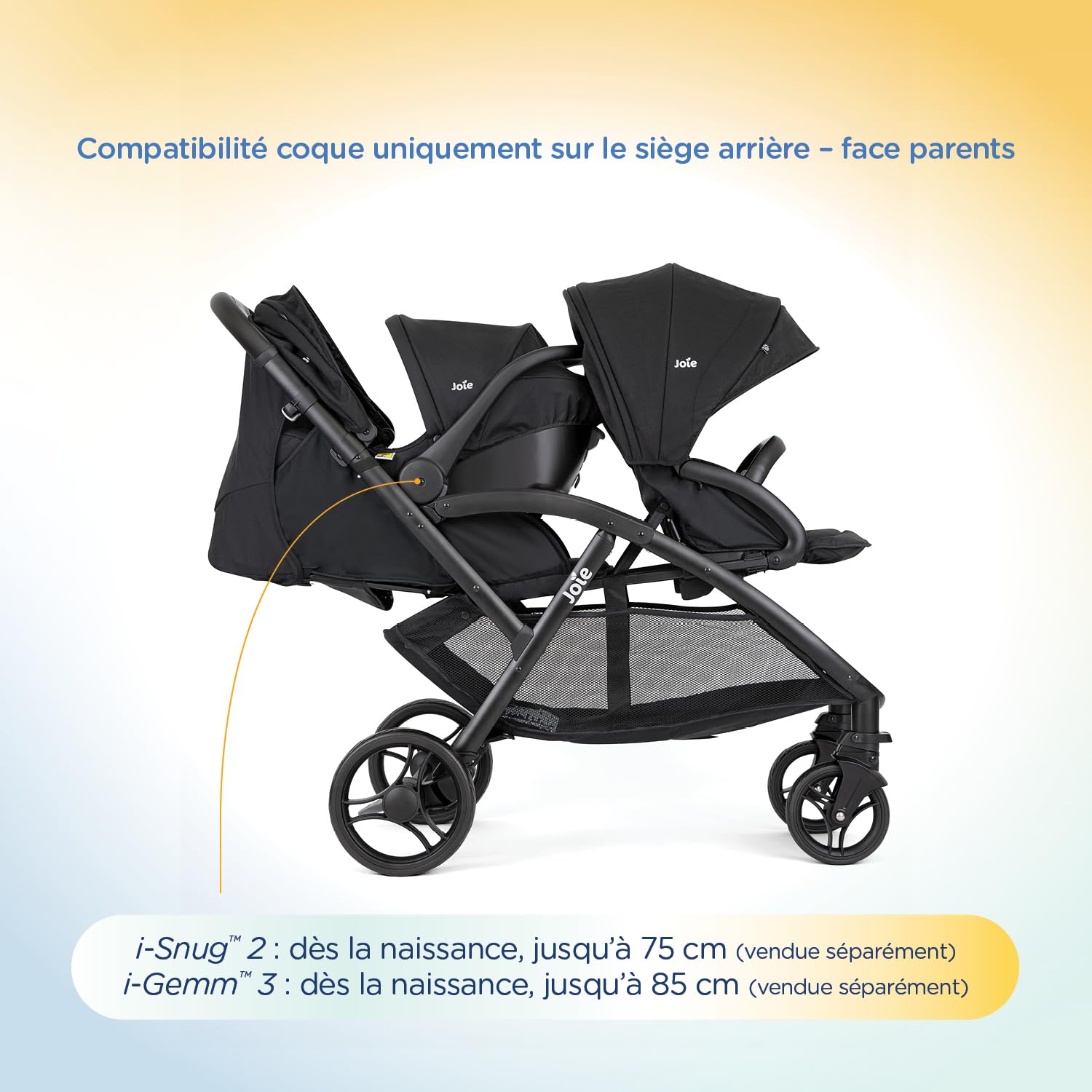 Joie – EVALITE DUO – Poussette Double Légère – Naissance à 15 kg – Pliage Compact 1 Main – Compatible Coque Siège Arrière – Ultra Légère 10,5 kg – Grand Panier – Habillage pluie inclus – Coloris Shale