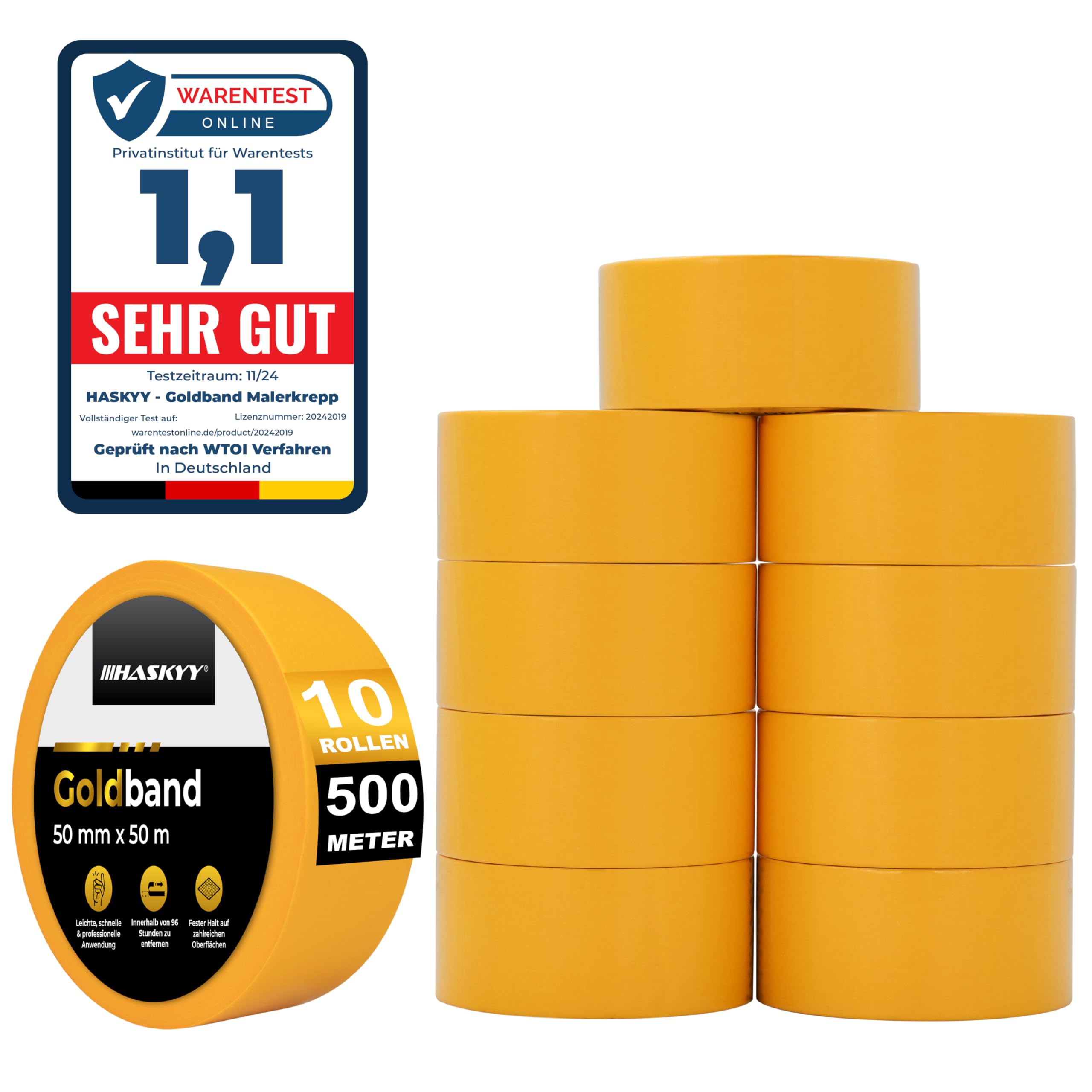 HASKYY Goldband Malerkrepp Kreppband 10x Malerband 50mm x 50m Profi Abdeckband Malertape Klebeband Washi Tape Gold Papiertape Selbstklebend