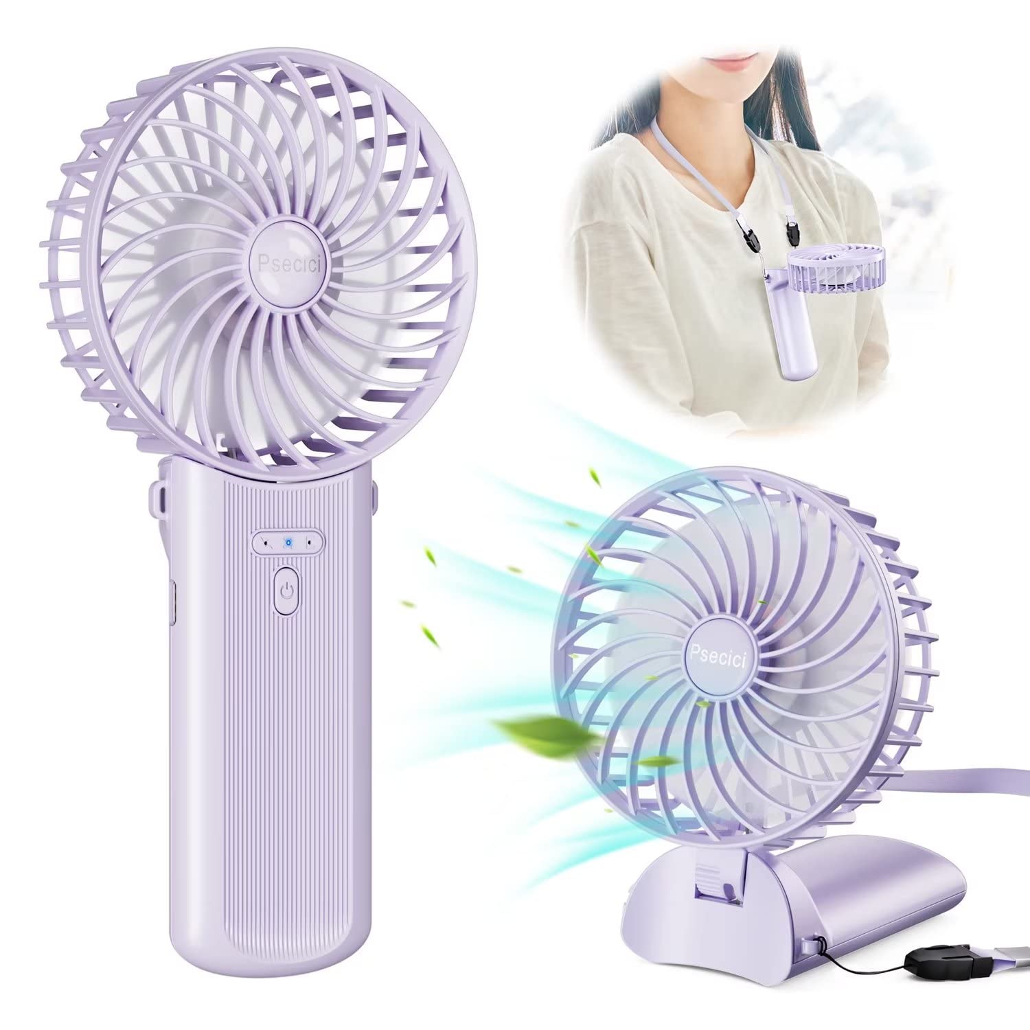 Psecici Handheld Fan, Mini Portable Personal Fan with lanyard, 4 Speeds Level 180° Foldable Design for Desk/Travel/Office/Outdoor