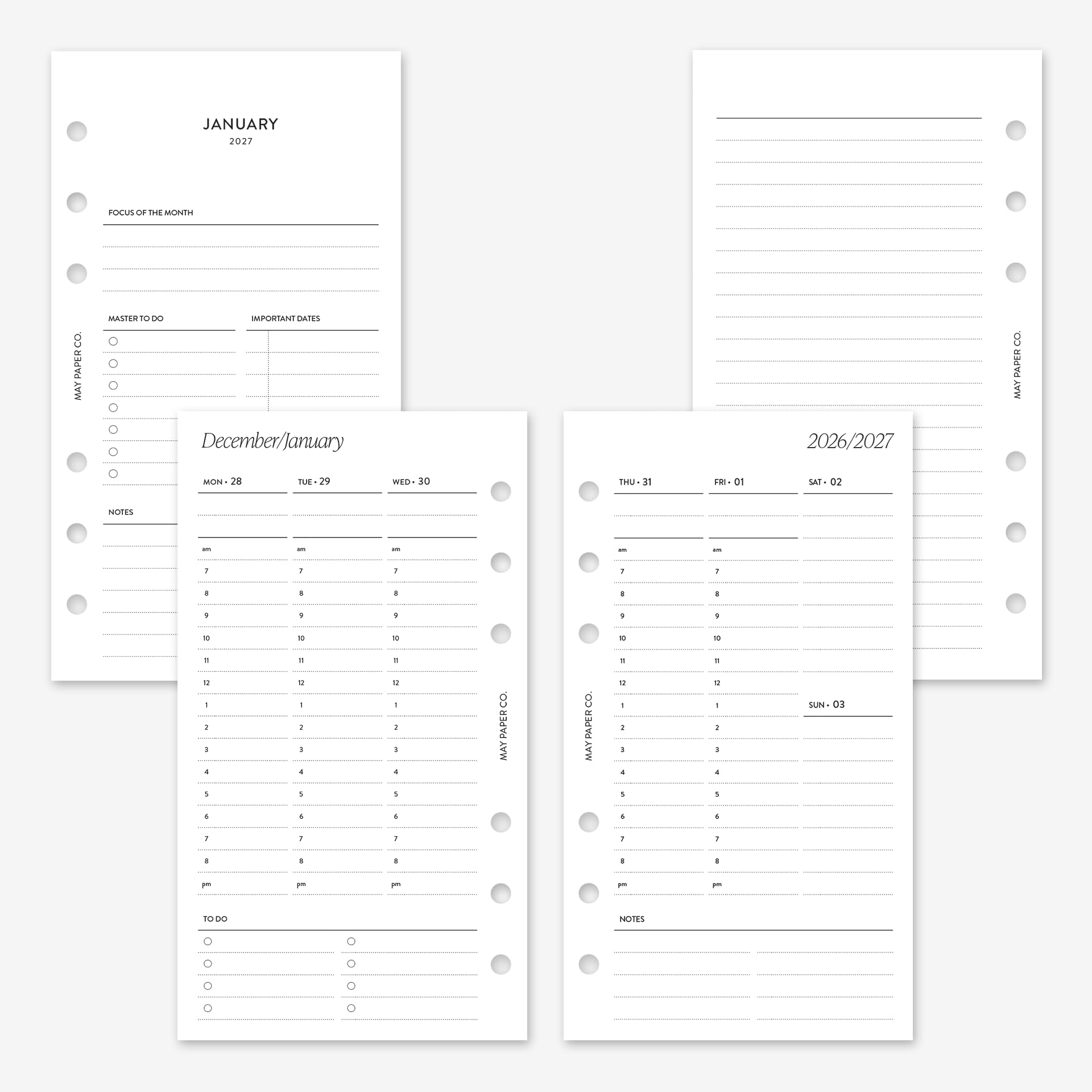 MAY PAPER CO. 2027 Personal Weekly Planner Refill, Week on Two Page Planner Insert for Personal Filofax and LV MM 6 ringed Agenda 3.75 x 6.75 (Vertical Hourly)
