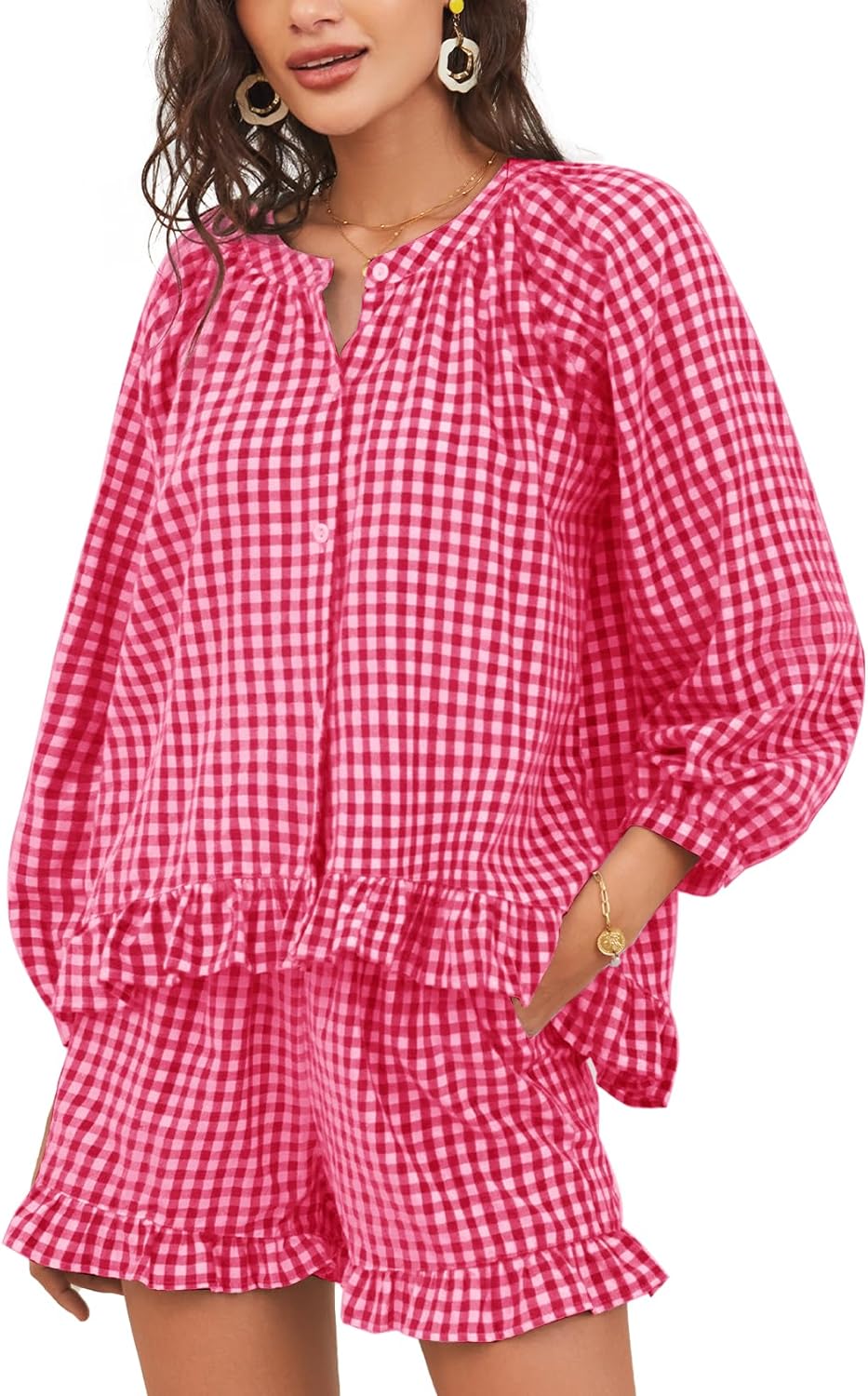 Flygo Women Gingham 2 Piece Pajama Sets Y2K Plaid Ruffle Short Sets Raglan Sleeve Shirt Lounge Shorts Sleepwear with Pockets