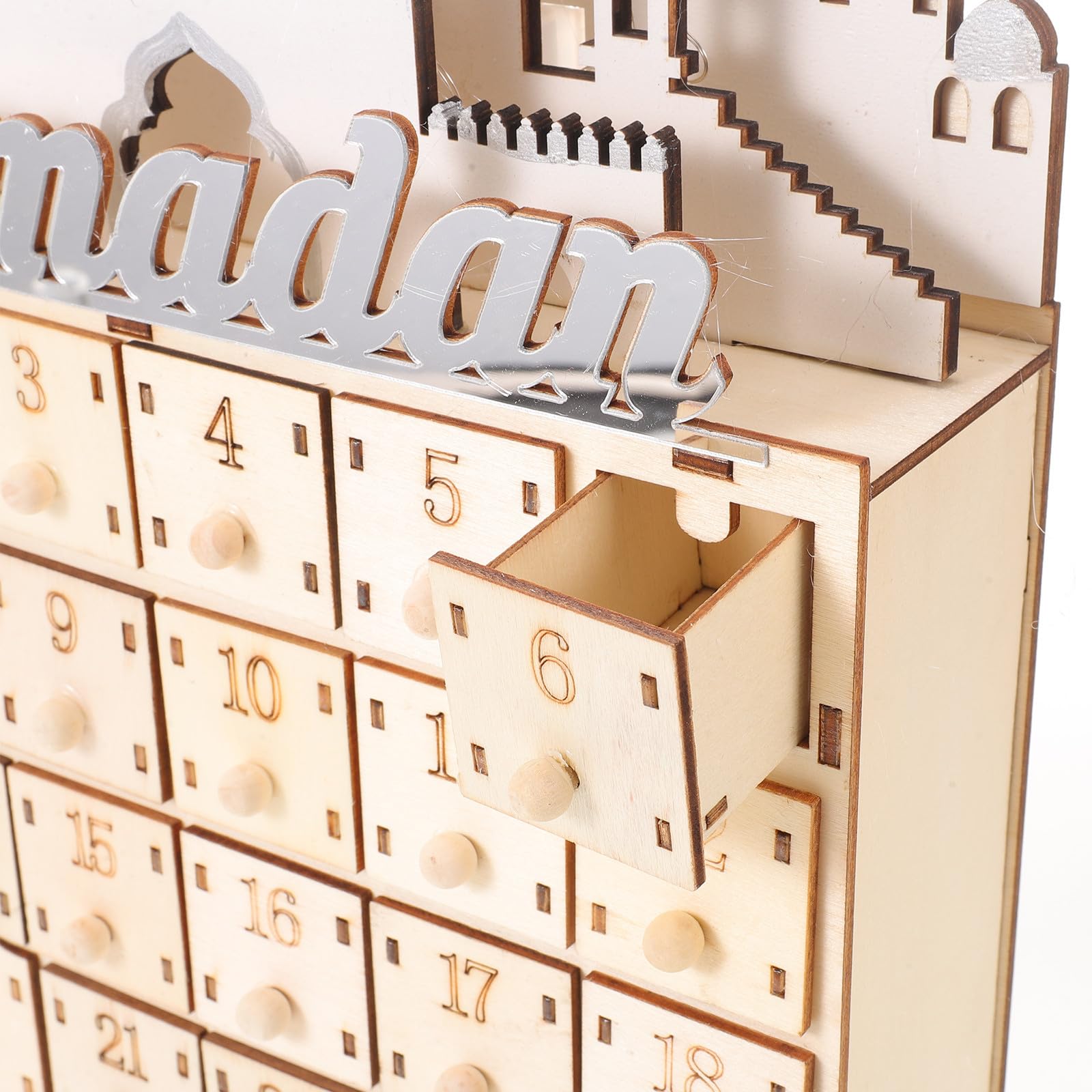 STOBAZA Islamischer Adventskalender mit 30 Kleiner Schubladen und LED Beleuchtung Ramadan Countdown Dekoration für Wohnzimmer und Schlafzimmer zur Familienbindung