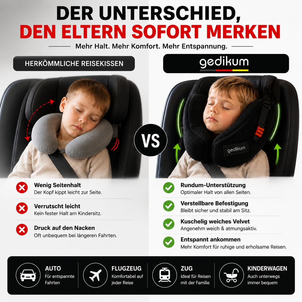 Gedikum® Sicherheits-Schlafkissen für Kinder – Reisekissen & Nackenkissen für Kindersitz, Auto & Flugzeug – Kopfstützkissen für Kinder von 18 Monaten bis 12 Jahren – Basic Velvet Schwarz