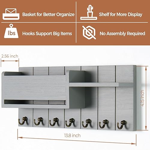 Miniatura 8 de Soporte para llaves de pared, organizador decorativo para llaves y correo con 6 ganchos para llaves, colgador de llaves de madera con estante para