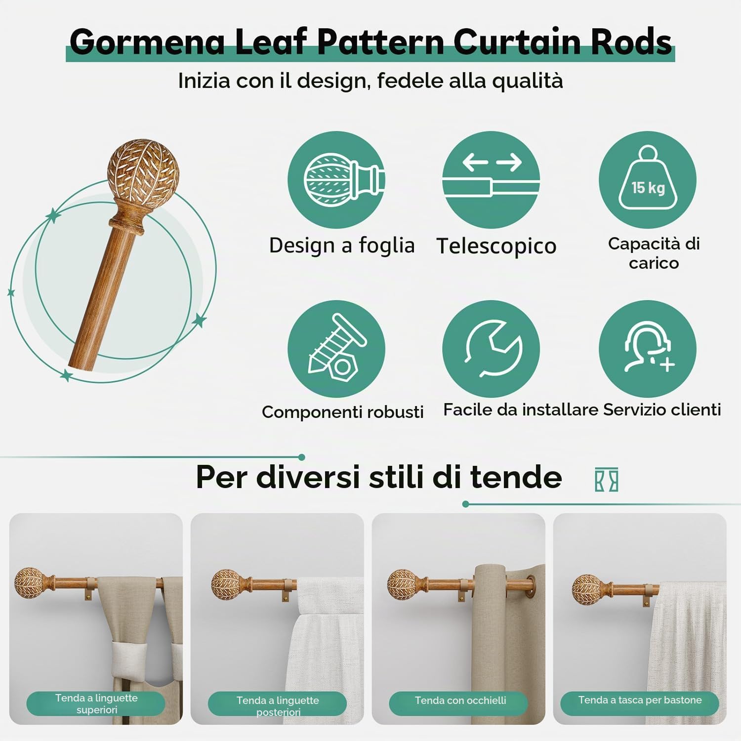 Bastone per tende per finestre, regolabile, in legno, 80-218 cm, 2,54 cm, resistente con finiture in finto legno con foglie, stile rustico Boho, colore legno naturale