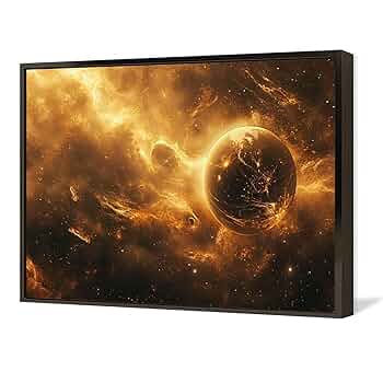 韓国画家　宇宙テーマの油彩画 金色フレーム付き Amazon.co.jp: 絵画 宇宙全体で燃え上がる太陽フレアインテリア