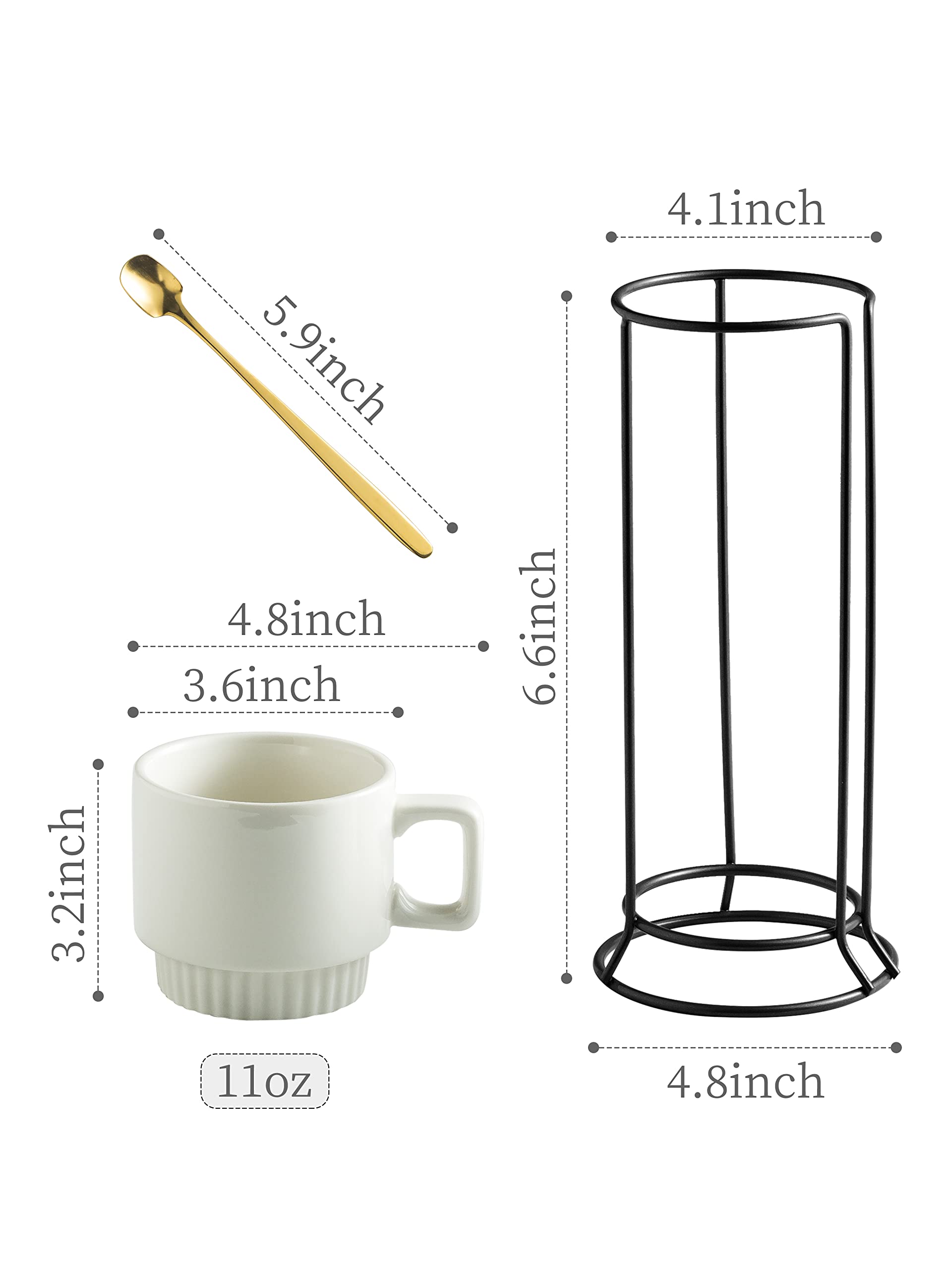 Miamolo Stackable Coffee Mug Set with Stand 11 oz Tea Cup Set with Tea Spoon White Funny Square Handle Perfect for Coffee Tea or Latte as a Christmas Gift