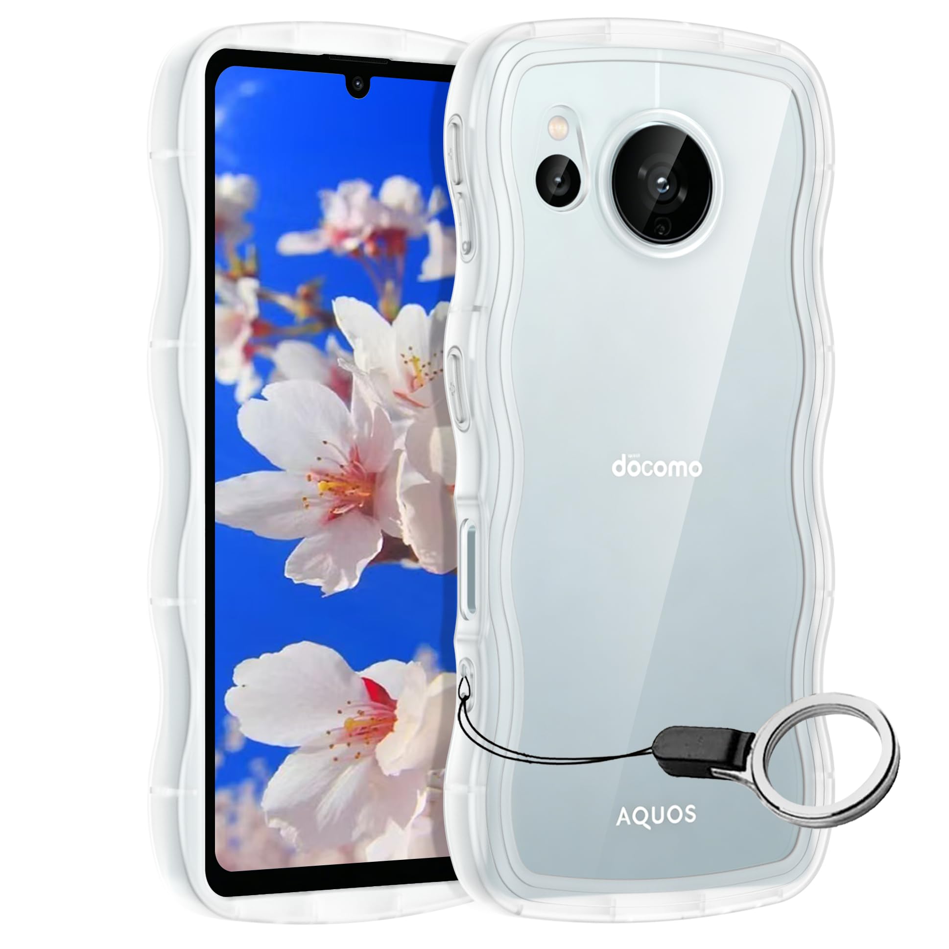 Aquos Sense7用ケースクリア リング付き AQUOS アクオスセンス7 SH-53C SHG10 ウェーブ 純透明 マグセフ 可愛い マツと感 TPU 耐衝撃 超軽量 極薄 透明 黄ばみなし 滑り止め かわいいうねうね 韓国 人気 ストラップホール付きなみなみ カバー・クリア