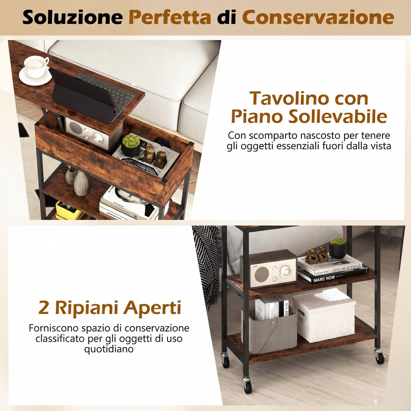 COSTWAY Tavolino Laterale con Piano Sollevabile, Marrone Vintage e Nero | Tavolino Stretto a 3 Ripiani con Stazione di Ricarica, Ruote Bloccabili e Ripiani Aperti, per Piccoli Spazi Soggiorno Camera