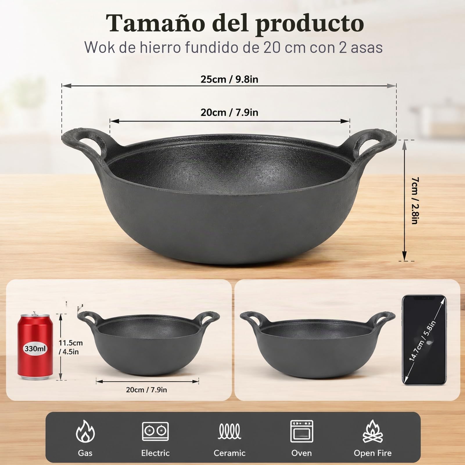 Sartén Wok con Tapa, Wok de Hierro Fundido con 2 asas, Tapa de Madera, sartén con Base Plana, sin Revestimiento, para saltear, Parrilla, Vapor, auténtica Comida China (20cm)