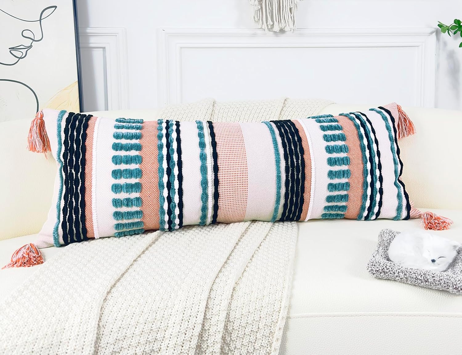 Chenille and Cotton Long Pillow for Bed,Striped Textured Boho Long Lumbar Throw Pillow Cover 14x36,Neutral Accent Decorative Extra Long Body Pillow Case for Couch Sofa Bedroom,Turquoise - Image 2