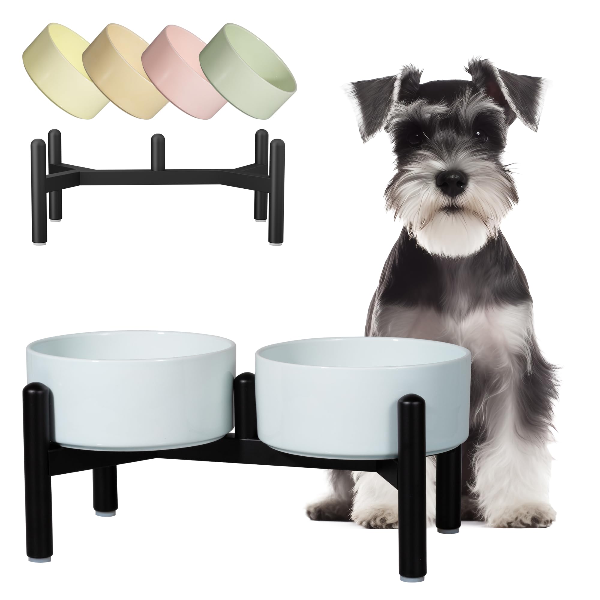 Ceramic Elevated Dog Bowl Set - Dog Feeder Station with Cute-Style Double Bowls for Small and Medium Size Breed - Non-Slip Raised Dish for Food and Water Feeding- 6 Inch - 3.5 Cups / 20 fl oz - Blue