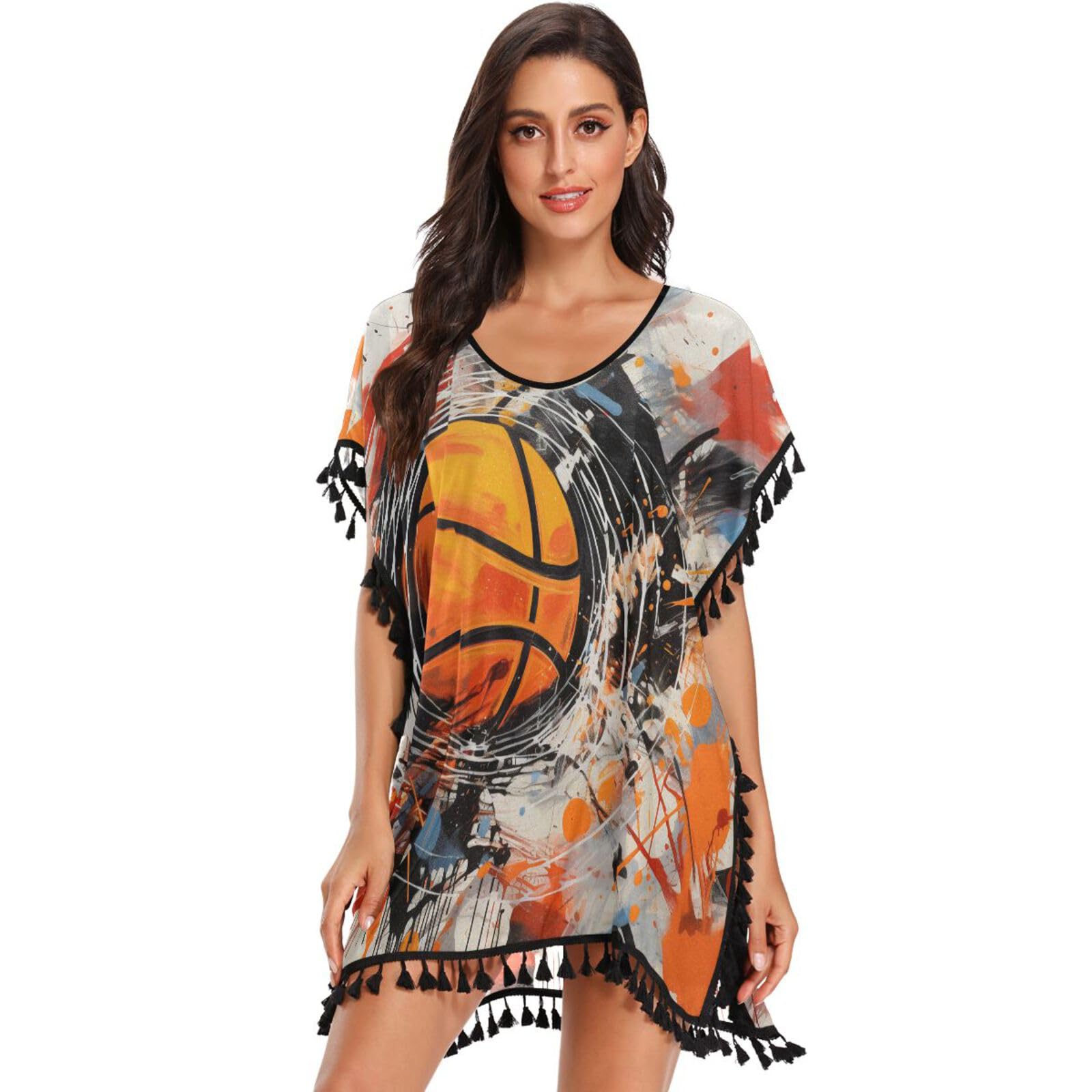 Hand Drawing Basketball Art Women's Beach Cover Up Chiffon Tassel Swimwear Swimsuit Coverups for Girl