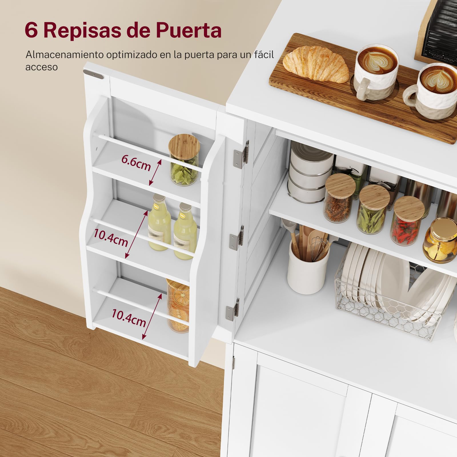 TEENFON Alacena de Cocina Alta y Despensa, Armario de 4 Puertas con 6 Estantes y 2 Compartimentos en la Puerta, Aparador y Mueble de Almacenaje Multiusos para Cocina, Salón, Comedor, 130 cm, Blanco
