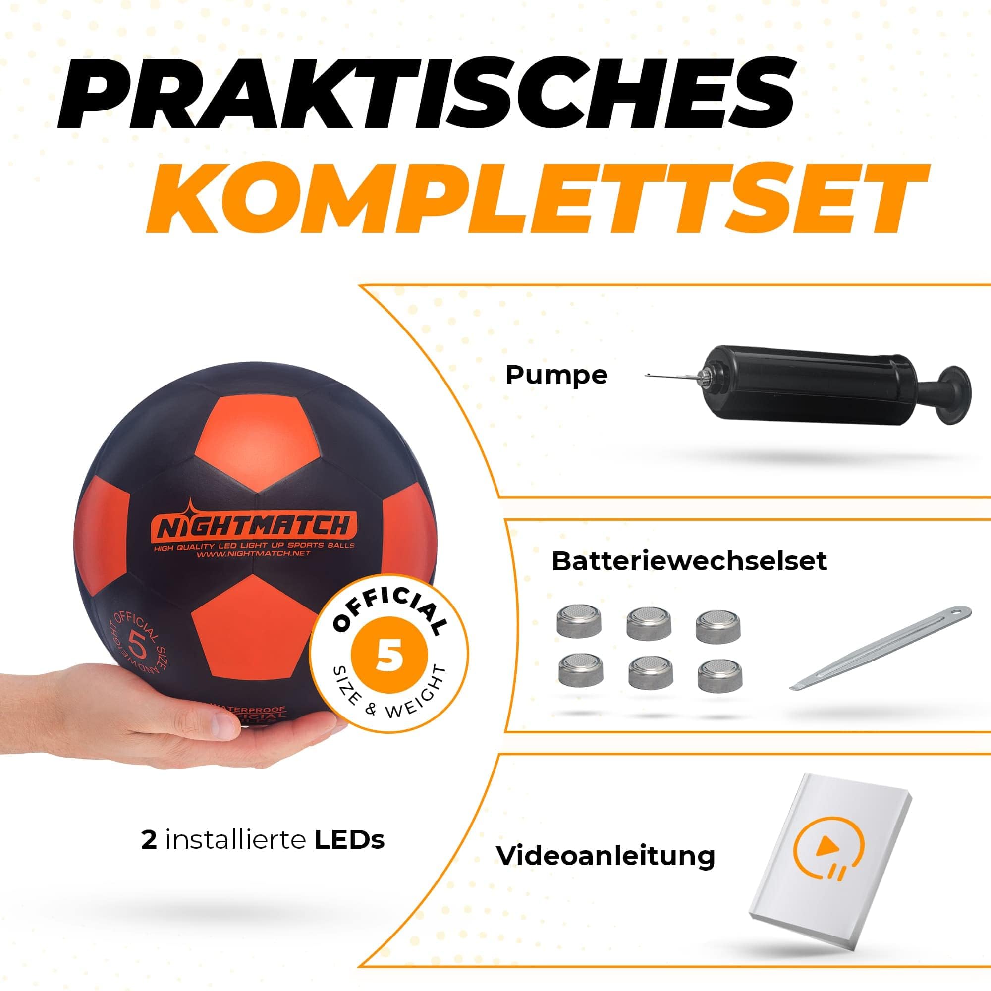 NIGHTMATCH Oficjalny rozmiar 5 wodoodpornych piłkarzyków LED – świecąca piłka nożna do gier nocnych, dla dzieci, dorosłych – kompletny zestaw z pompką i dodatkowymi bateriami