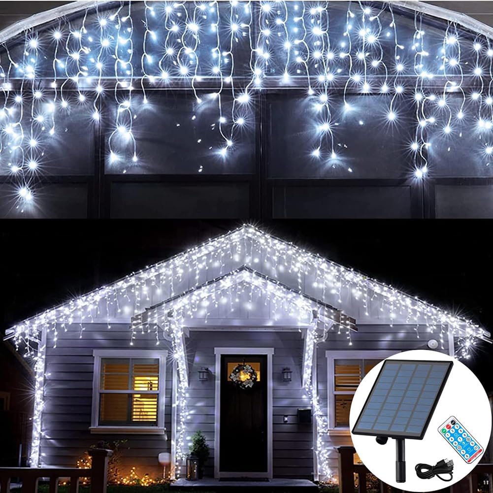 3 IN 1 Solar Eisregen Lichterkette Außen, Wasserdichte Vorhang Lichter 8 Modes LED Beleuchtung Außen, String Lichter mit Fernbedienung Mit Timer und Speicher Wasserdicht Solarlampe,6000k,15M