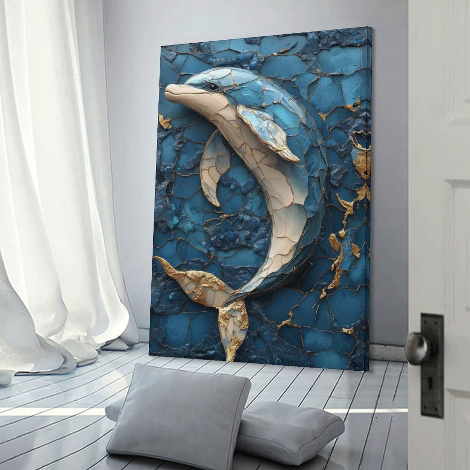 Junmoney Frame-Style-6 Blue And Gold Dolphin Art Room Decor Wall Art, 24X36inch(60X90cm), For Living Room, Bedroom, Office Or Hallway, Decorative Artwork With Broad Appeal
