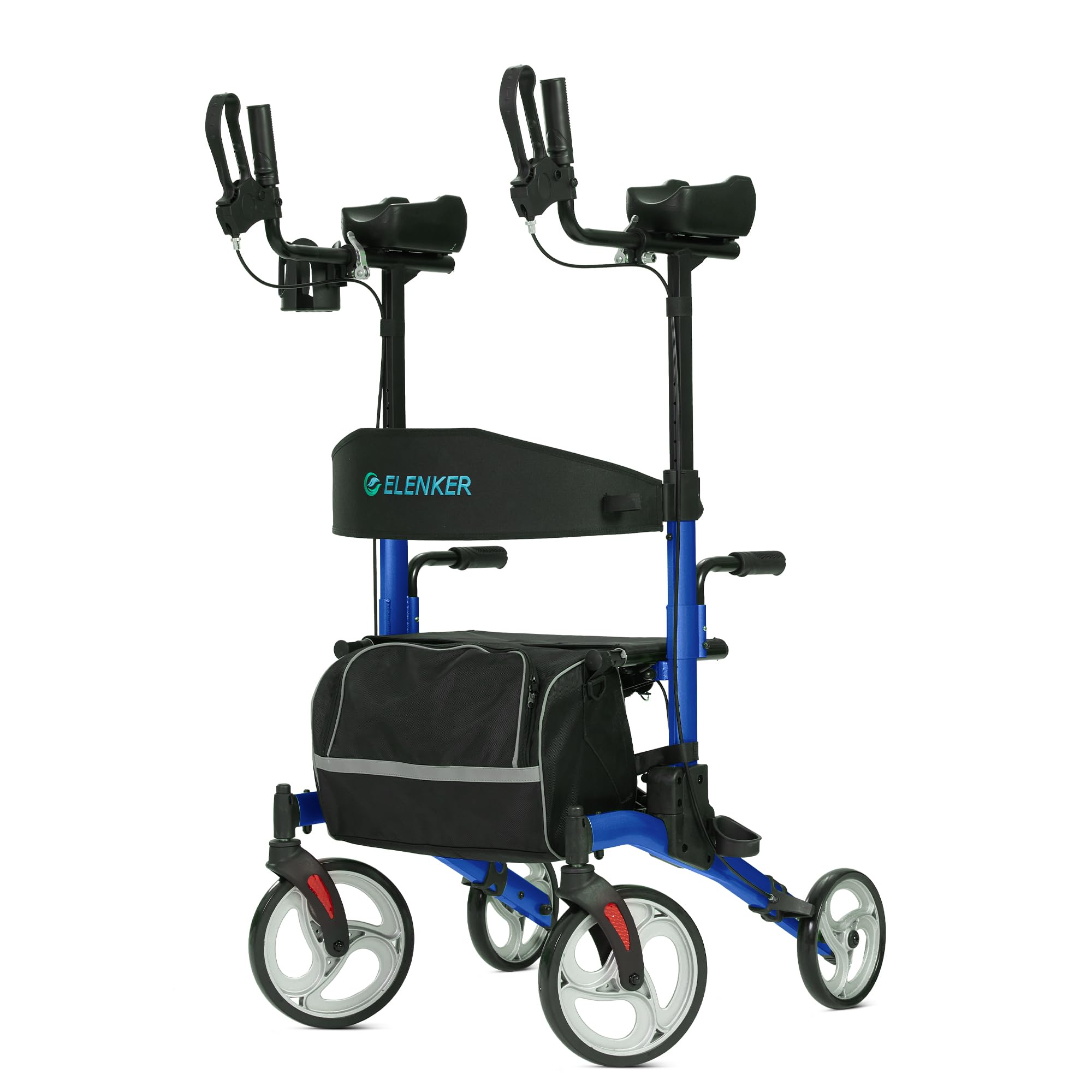 ELENKER Upright Walker, Stand Up Folding Rollator Walker with 10” Front Wheels Backrest Seat and Padded Armrests for Seniors and Adults, Blue