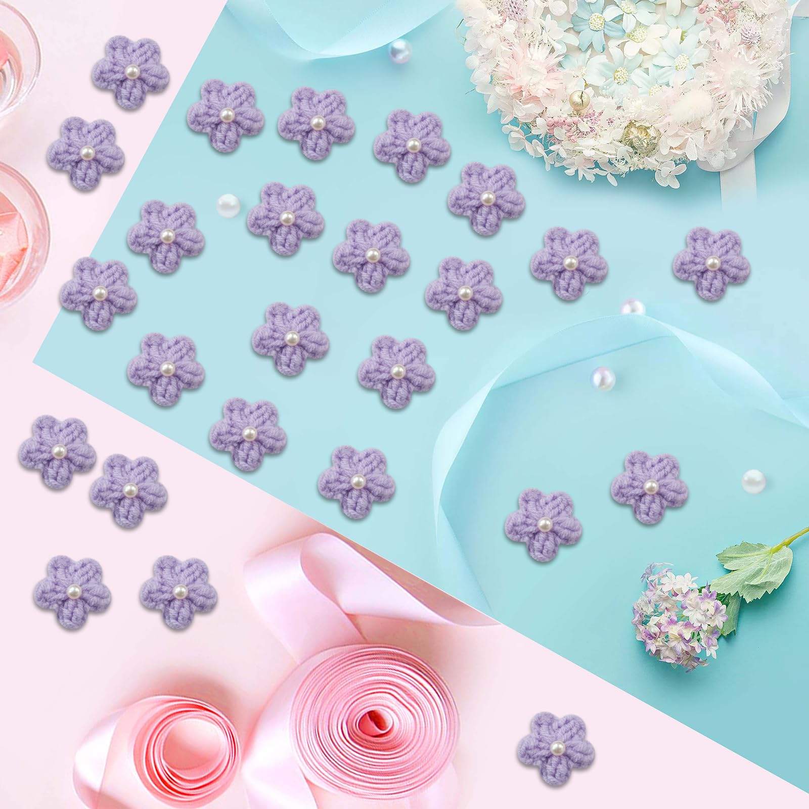Jtnohx Knitted Flower Patches,Crochet Flowers Applique,25pcs Handmade Floral Sew on Patches,3cm DIY Appliques Embellishments with Pearl - Image 4