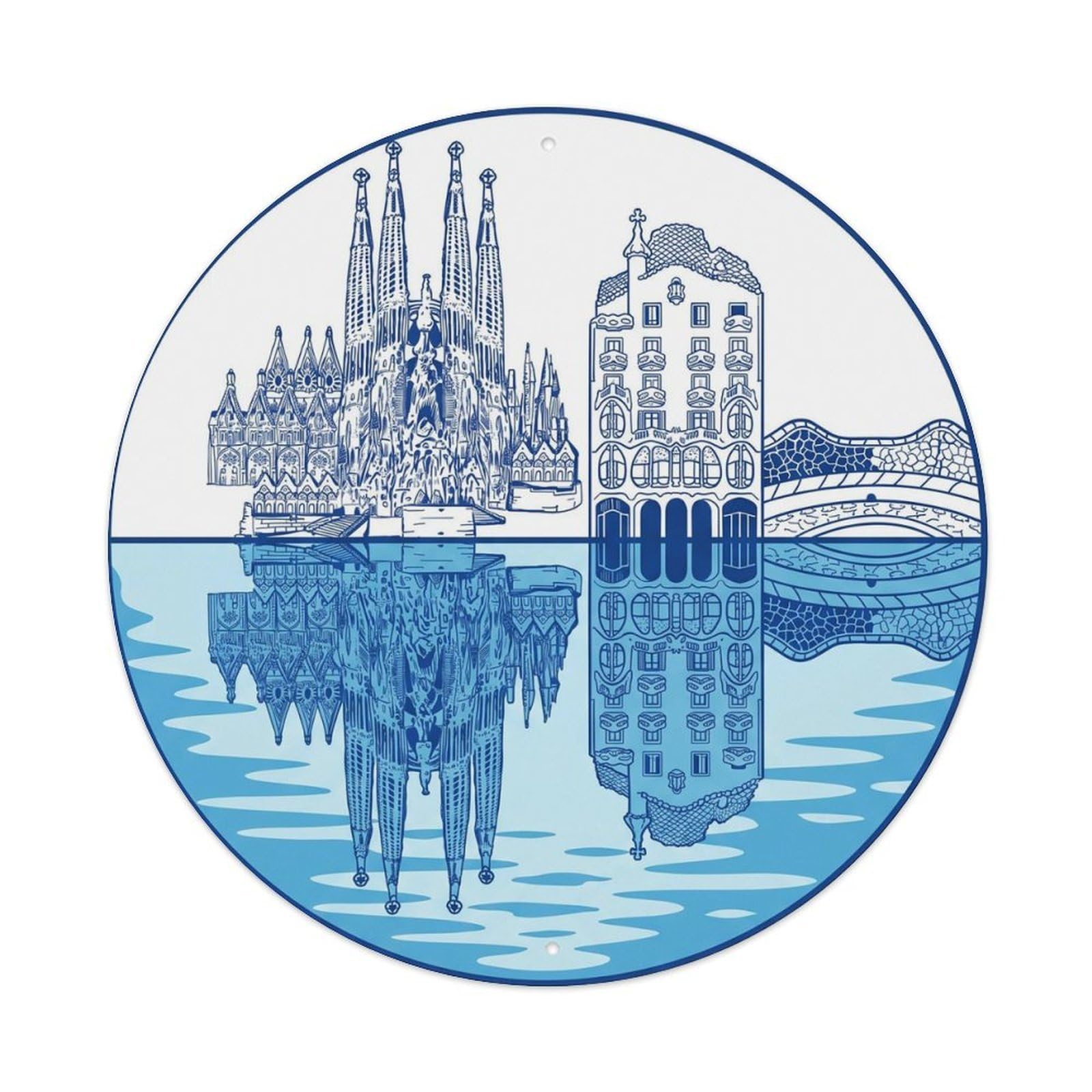 Barcelona Spanish Reflection Water Destination Scenery Metal Tin Sign Plaque Wall Decor for Cafe, Man Cave, Club Bar, Office, Home Garden Round Metal Poster 8x8Inch