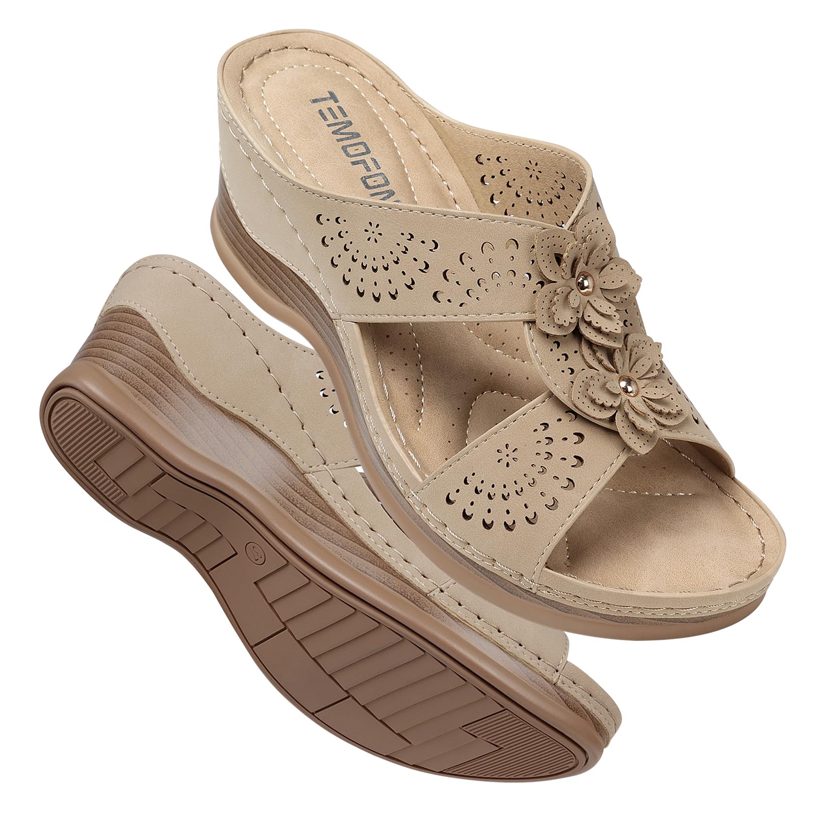 TEMOFON Womens Wedge Sandals Leather: Dressy Sandal, Rubber Sole,  Comfortable Walking, Casual Slip on Summer Shoes, Size 5-11