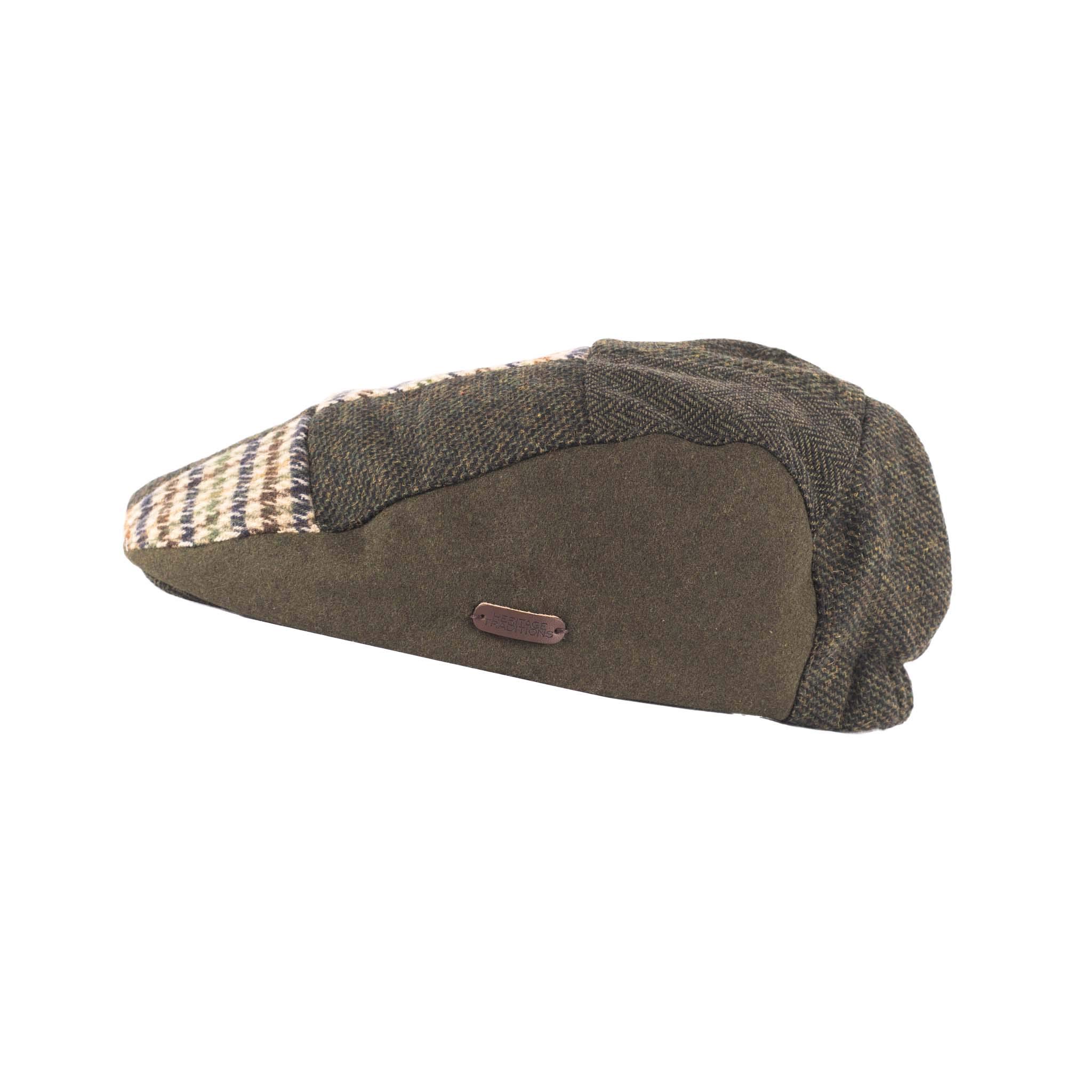Heritage Traditions Wool Tweed Panel Peak Newsboy Cap Hat - Green Tweed Patchwork
