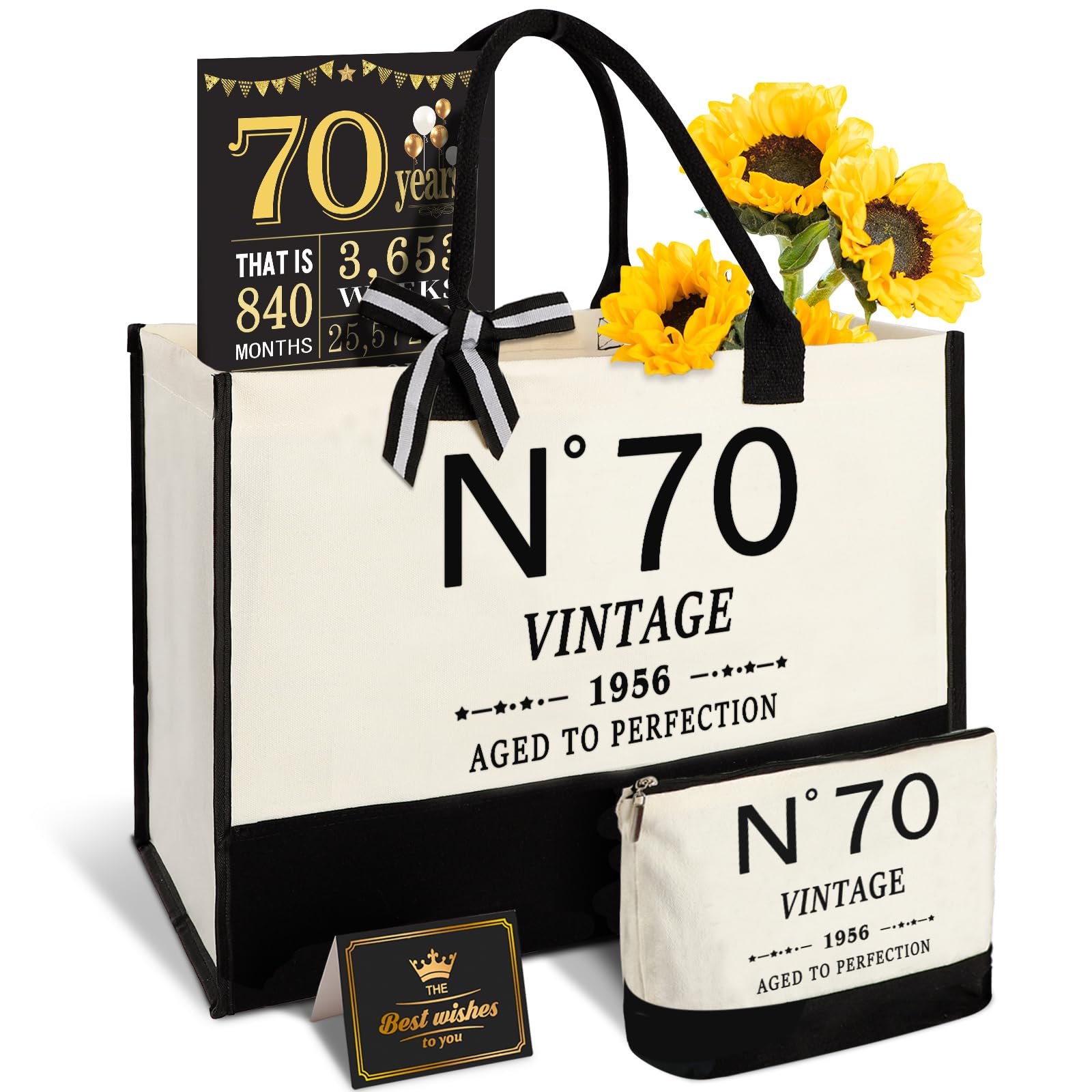 70. Geburtstagsgeschenke für Frauen Leinwand Tote Tasche Reiseausrüstung, 70 Jahre alte Geburtstagsgeschenke für Mutter Frau Freunde, Vintage N°70 Handtasche & Kosmetiktasche & Geburtstagsplakat