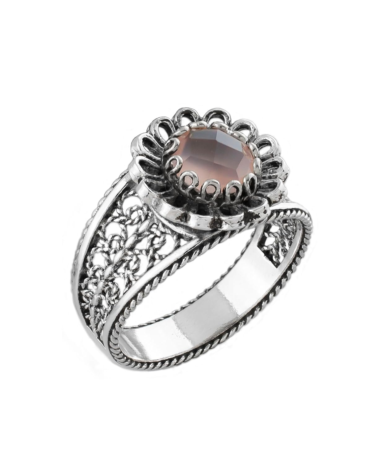 Filigranist 925 Sterling Silver Filigree Art Flower Design Gemstone Woman Cocktail Ring, Gift Boxed